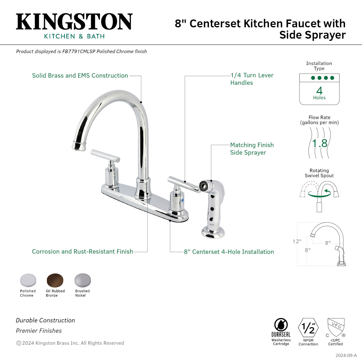 Kingston Tulare FB7798CMLSP - Manhattan Two-Handle 4-Hole 8" Centerset Kitchen Faucet with Side Sprayer, Brushed Nickel — thumbnail 2