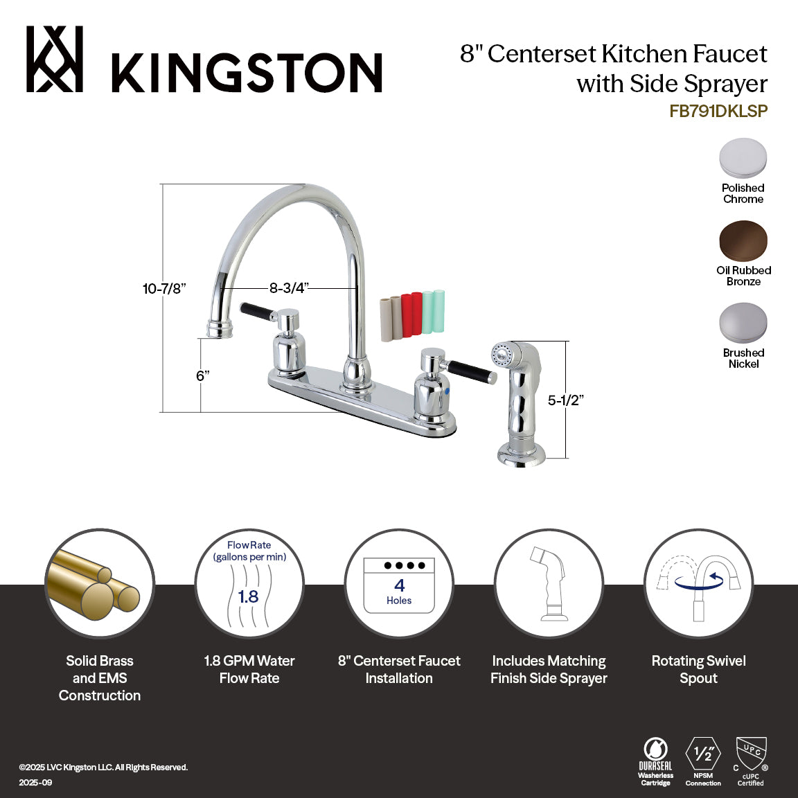 Kingston Tulare FB791DKLSP - Kaiser Two-Handle 4-Hole 8" Centerset Kitchen Faucet with Side Sprayer, Polished Chrome — thumbnail 3