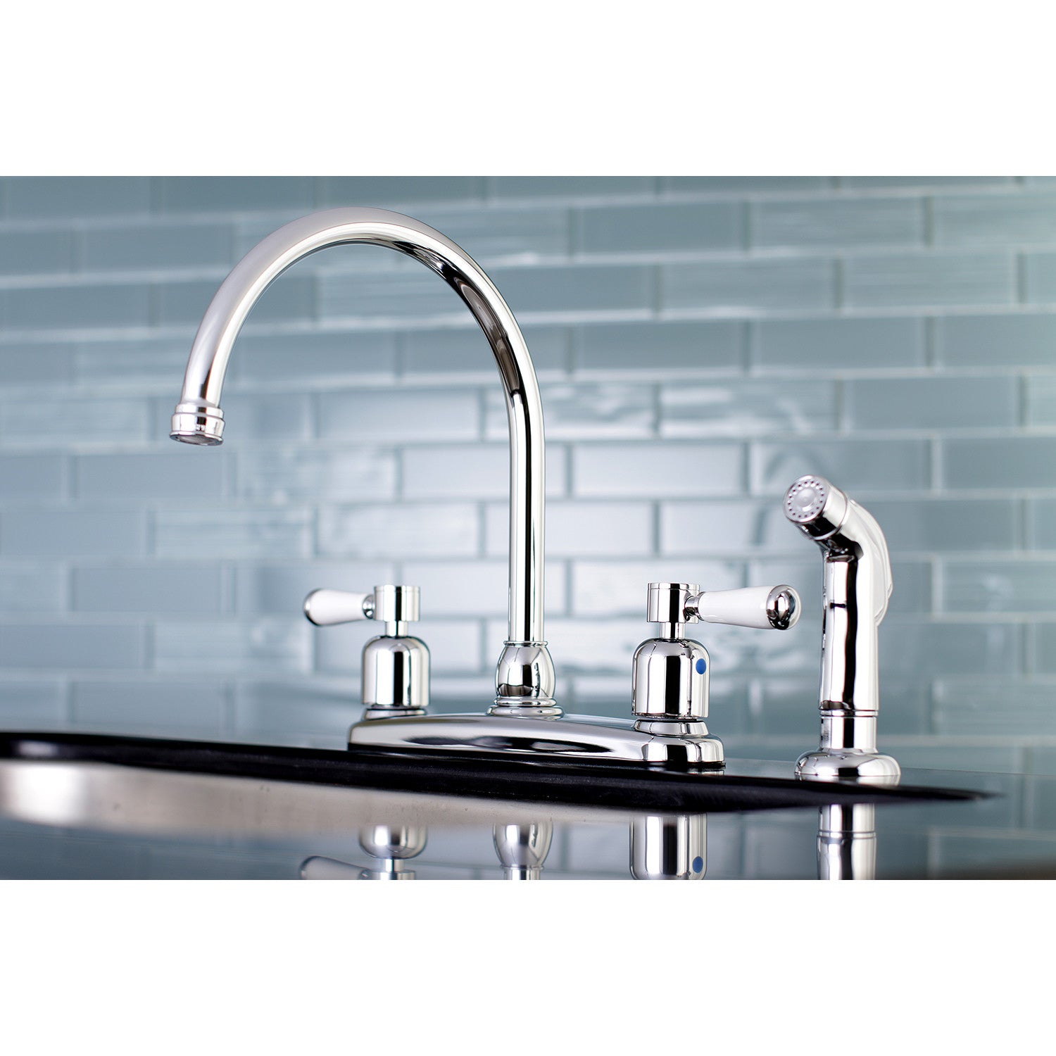 Kingston Tulare FB791DPLSP - Paris Two-Handle 4-Hole 8" Centerset Kitchen Faucet with Side Sprayer, Polished Chrome — thumbnail 2