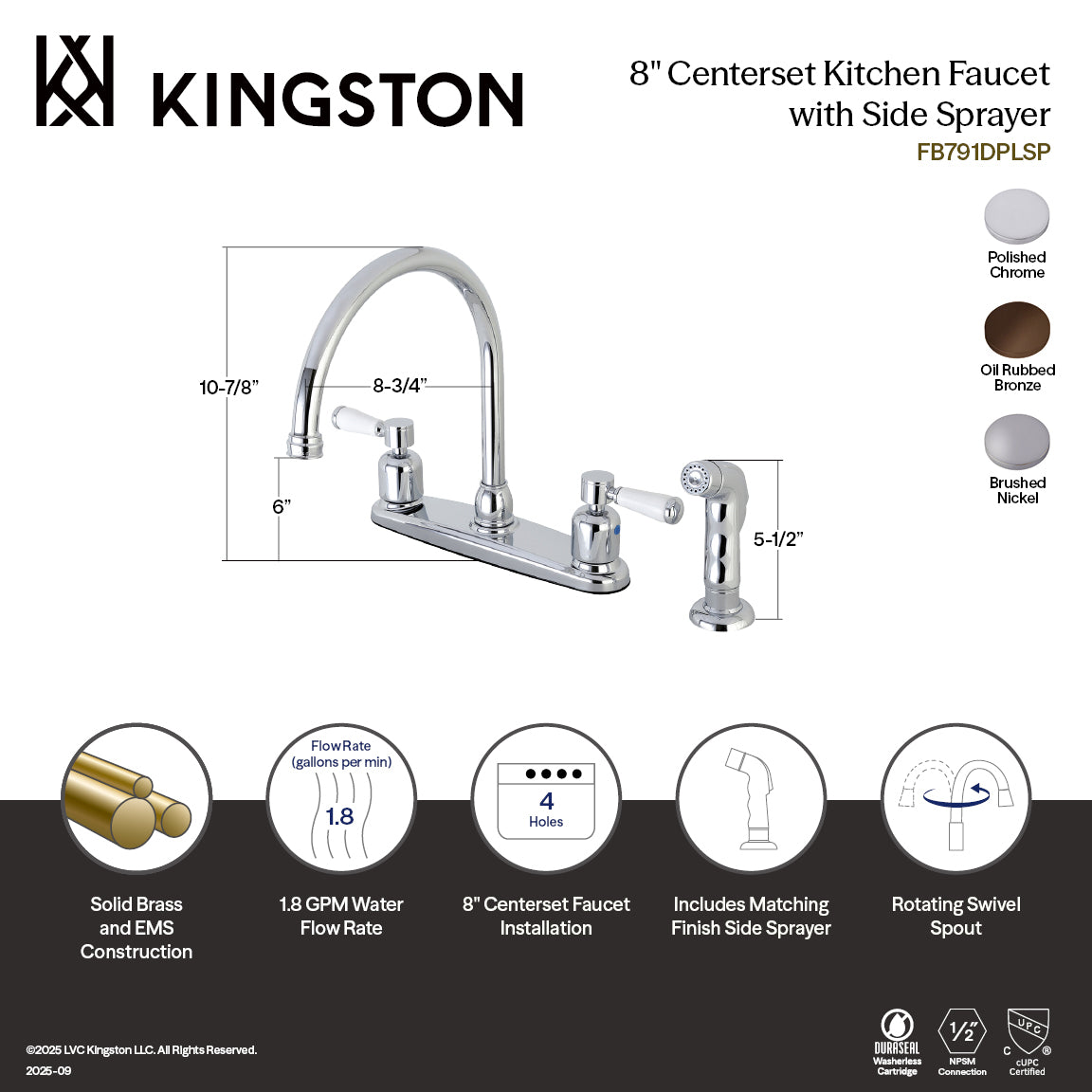 Kingston Tulare FB791DPLSP - Paris Two-Handle 4-Hole 8" Centerset Kitchen Faucet with Side Sprayer, Polished Chrome — thumbnail 3