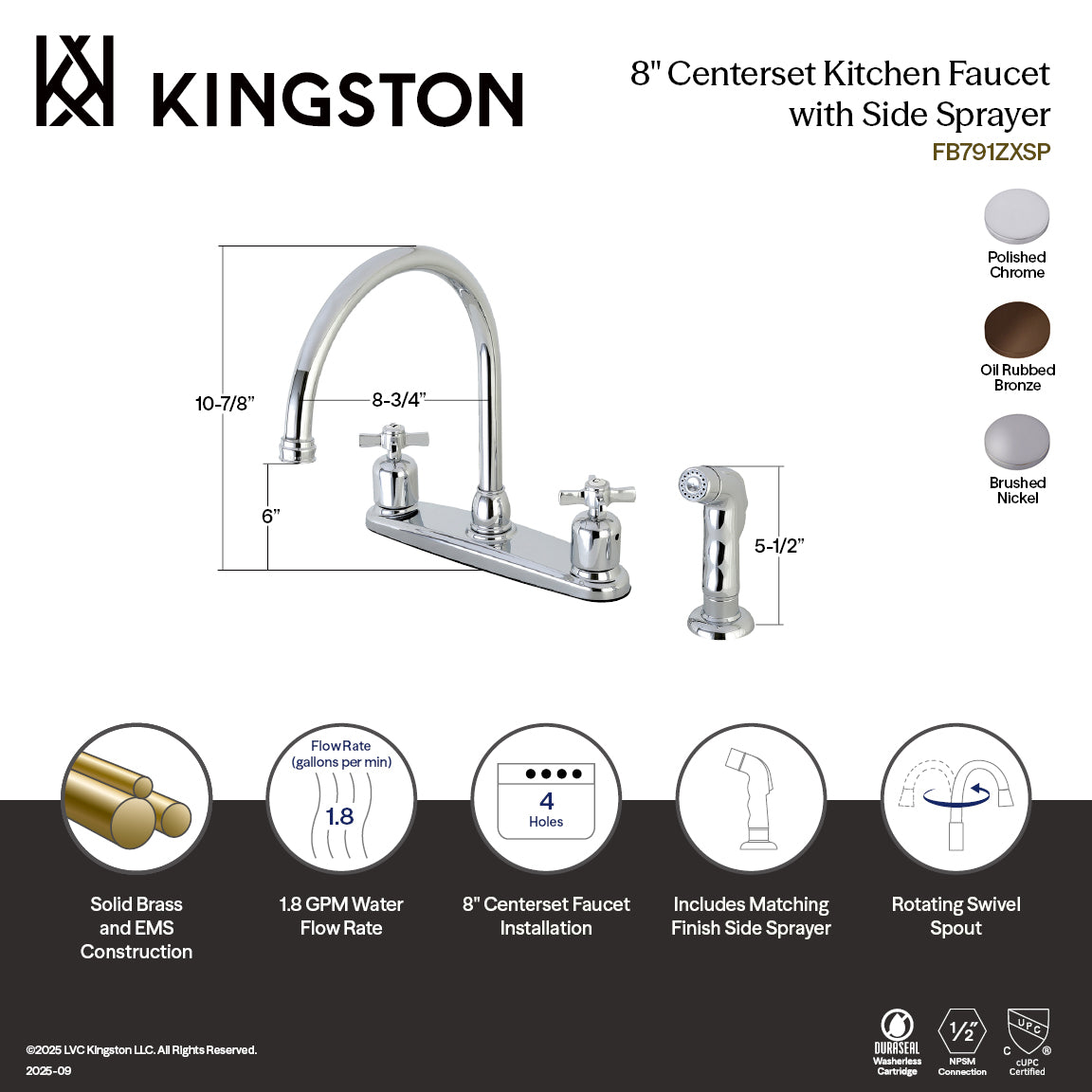 Kingston Tulare FB795ZXSP - Millennium Two-Handle 4-Hole 8" Centerset Kitchen Faucet with Side Sprayer, Oil Rubbed Bronze — thumbnail 3