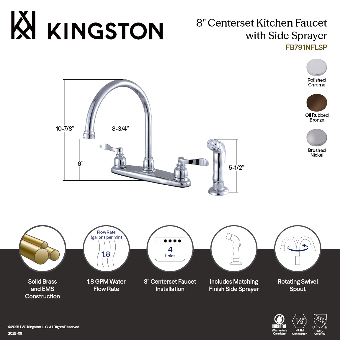 Kingston Tulare FB798NFLSP - NuWave French Two-Handle 4-Hole 8" Centerset Kitchen Faucet with Side Sprayer, Brushed Nickel — thumbnail 2