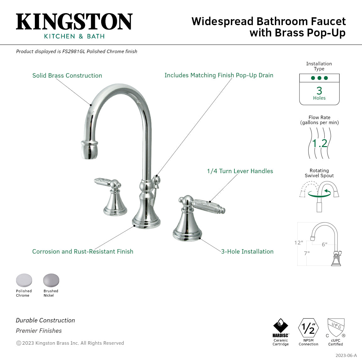 Kingston Tulare FS2988GL - Georgian Two-Handle 3-Hole Deck Mount Widespread Bathroom Faucet with Brass Pop-Up, Brushed Nickel — thumbnail 2