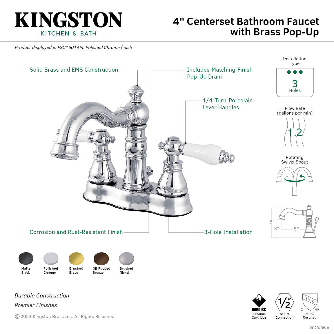 Kingston Heirloom FSC1601APL - American Patriot Double-Handle 3-Hole Deck Mount 4-Inch Centerset Bathroom Faucet with Brass Pop-Up, Polished Chrome — thumbnail 2