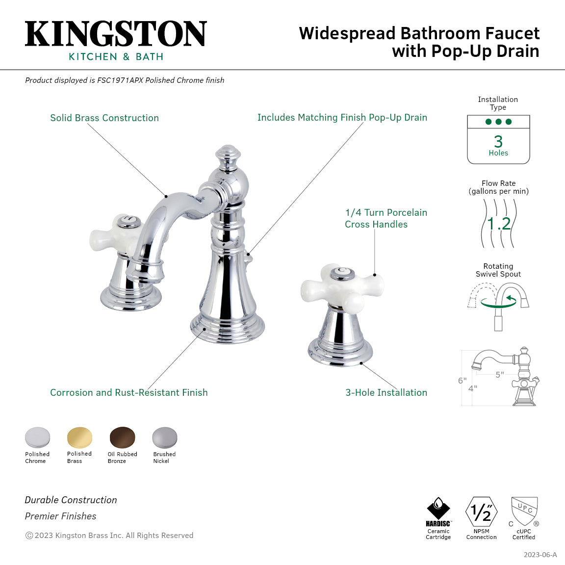 Kingston Heirloom FSC1971APX - American Classic Two-Handle 3-Hole Deck Mount Widespread Bathroom Faucet with Pop-Up Drain, Polished Chrome — thumbnail 2
