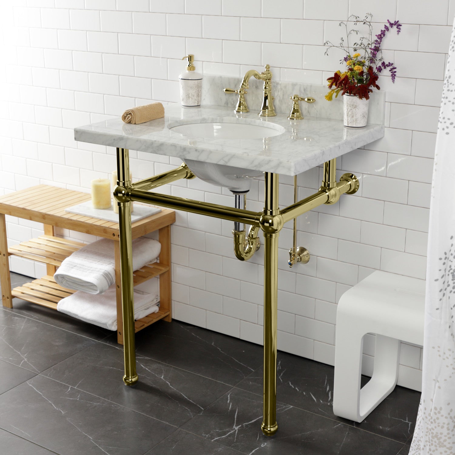 Kingston Heirloom FSC1972ACL - American Classic Two-Handle 3-Hole Deck Mount Widespread Bathroom Faucet with Pop-Up Drain, Polished Brass — thumbnail 2