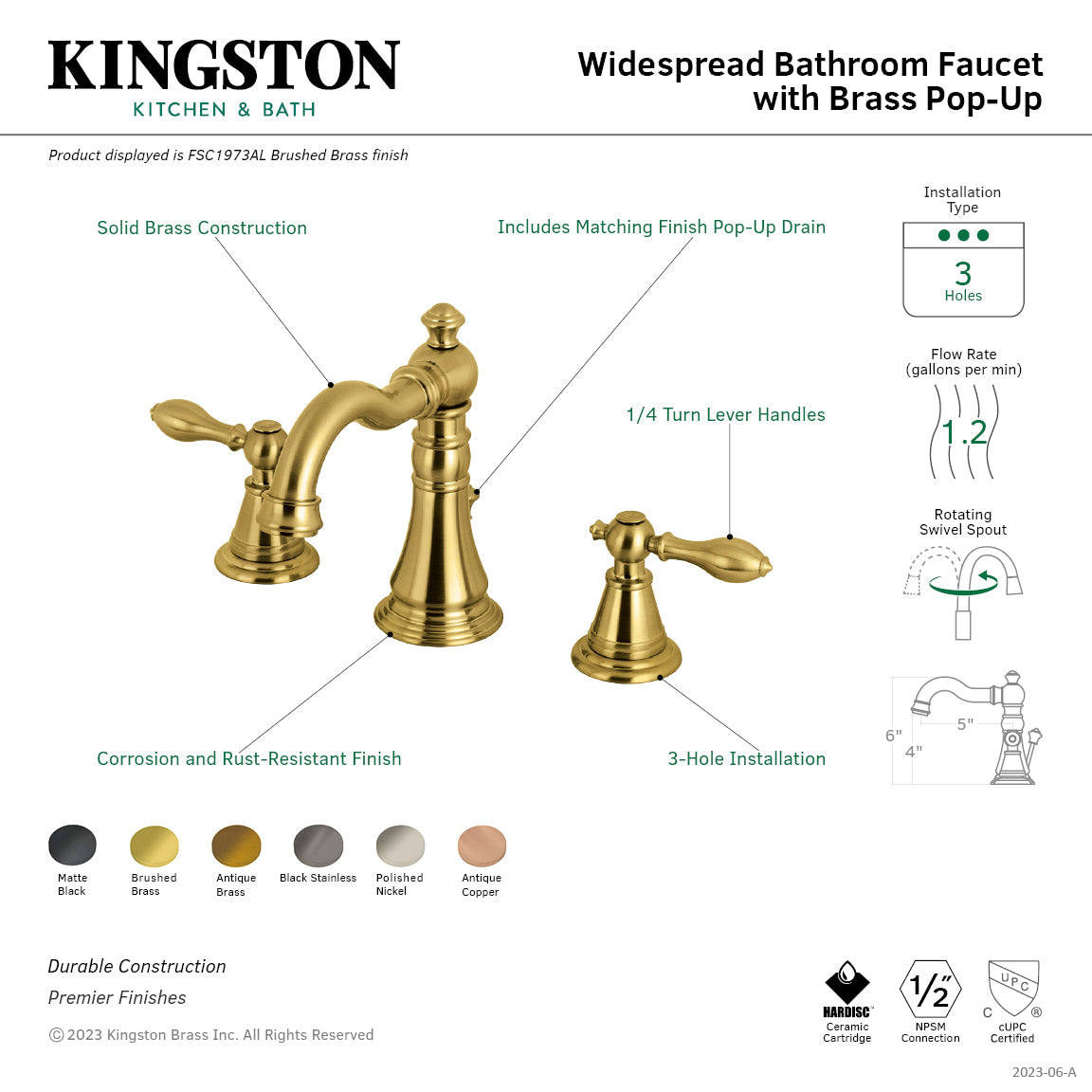 Kingston Heirloom FSC19733AL - English Classic Two-Handle 3-Hole Deck Mount Widespread Bathroom Faucet with Brass Pop-Up, Antique Brass — thumbnail 2