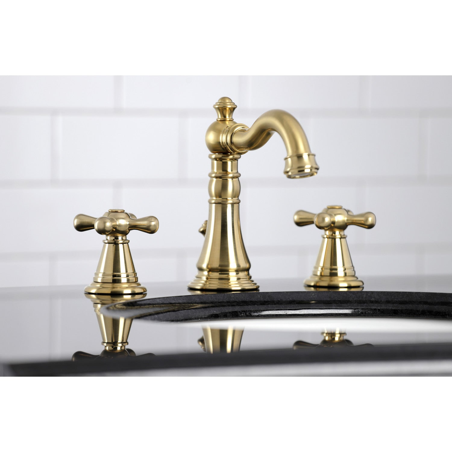 Kingston Heirloom FSC1973AAX - American Classic Two-Handle 3-Hole Deck Mount Widespread Bathroom Faucet with Brass Pop-Up, Brushed Brass — thumbnail 3