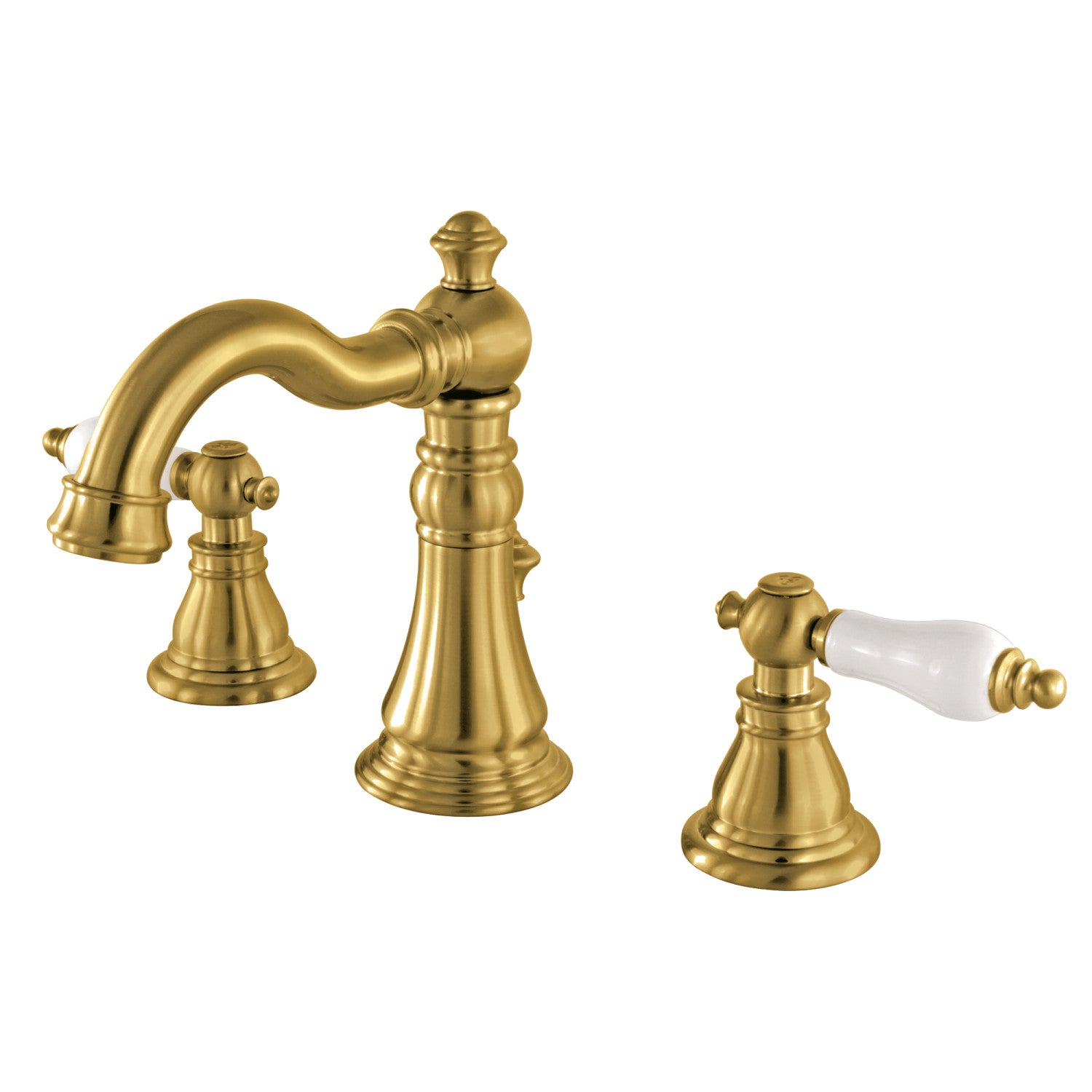 Kingston Heirloom FSC1973APL - American Patriot Two-Handle 3-Hole Deck Mount Widespread Bathroom Faucet with Brass Pop-Up, Brushed Brass