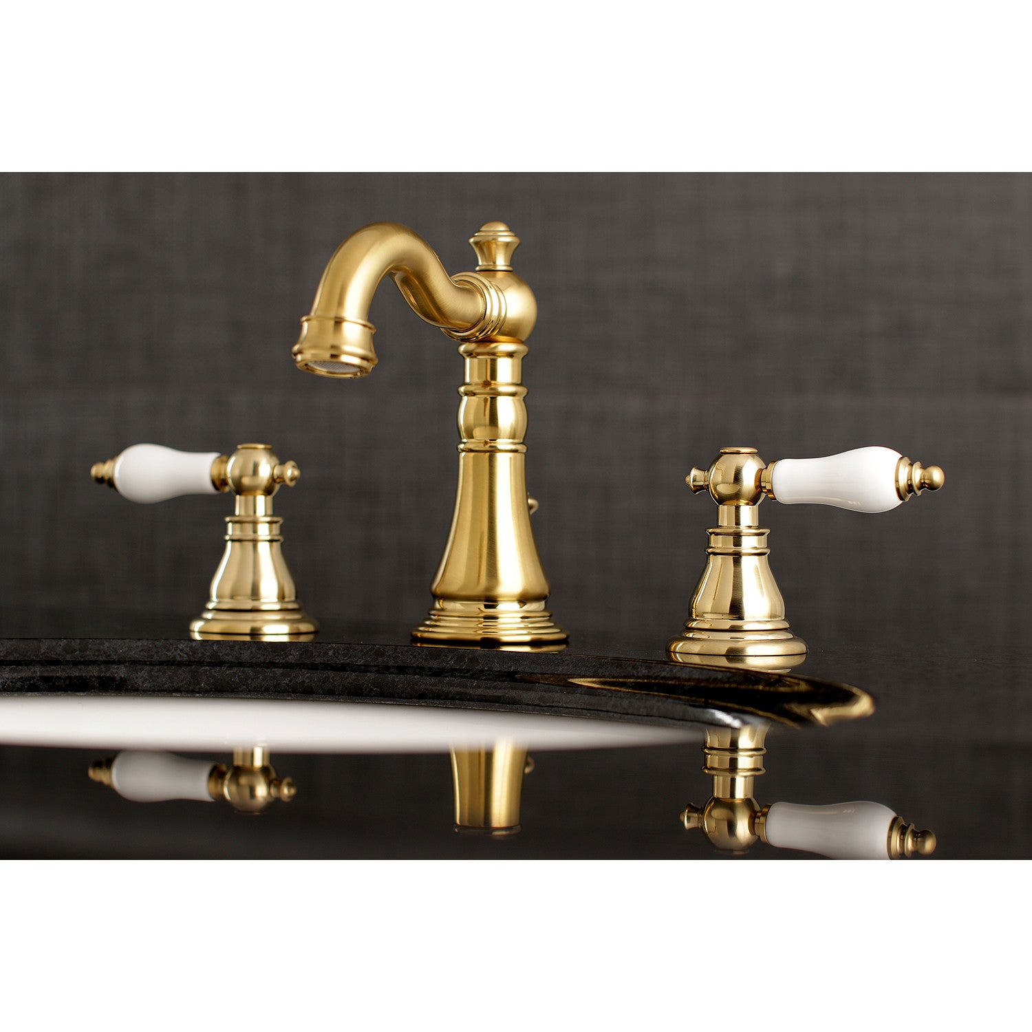 Kingston Heirloom FSC1973APL - American Patriot Two-Handle 3-Hole Deck Mount Widespread Bathroom Faucet with Brass Pop-Up, Brushed Brass — thumbnail 2