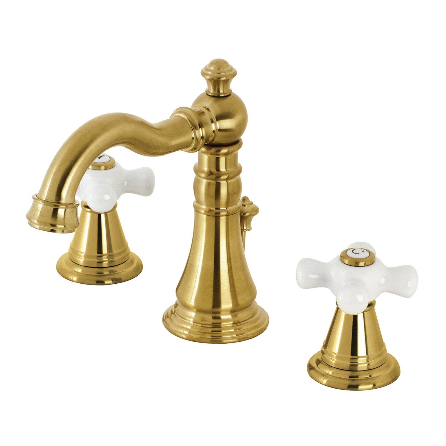 Kingston Heirloom FSC1973APX - American Classic Two-Handle 3-Hole Deck Mount Widespread Bathroom Faucet with Brass Pop-Up, Brushed Brass
