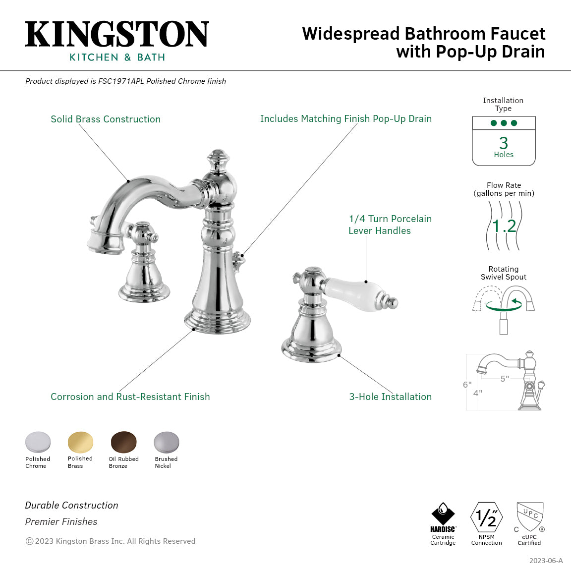 Kingston Heirloom FSC1975APL - American Patriot Two-Handle 3-Hole Deck Mount Widespread Bathroom Faucet with Pop-Up Drain, Oil Rubbed Bronze — thumbnail 2