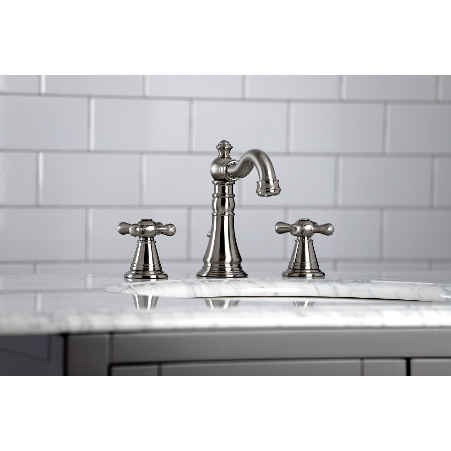 Kingston Heirloom FSC1978AAX - American Classic Two-Handle 3-Hole Deck Mount Widespread Bathroom Faucet with Pop-Up Drain, Brushed Nickel — thumbnail 3
