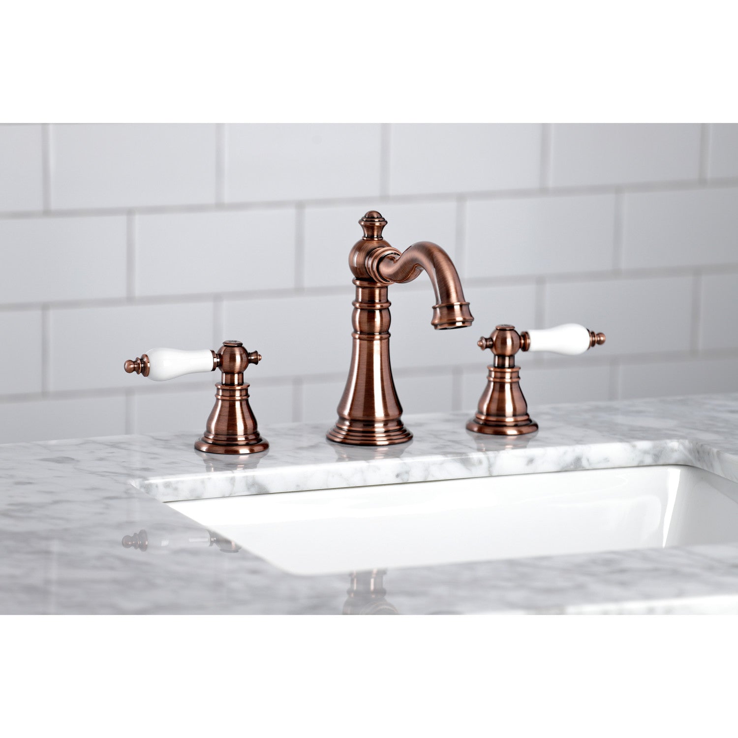 Kingston Heirloom FSC197APLAC - American Patriot Two-Handle 3-Hole Deck Mount Widespread Bathroom Faucet with Brass Pop-Up, Antique Copper — thumbnail 2