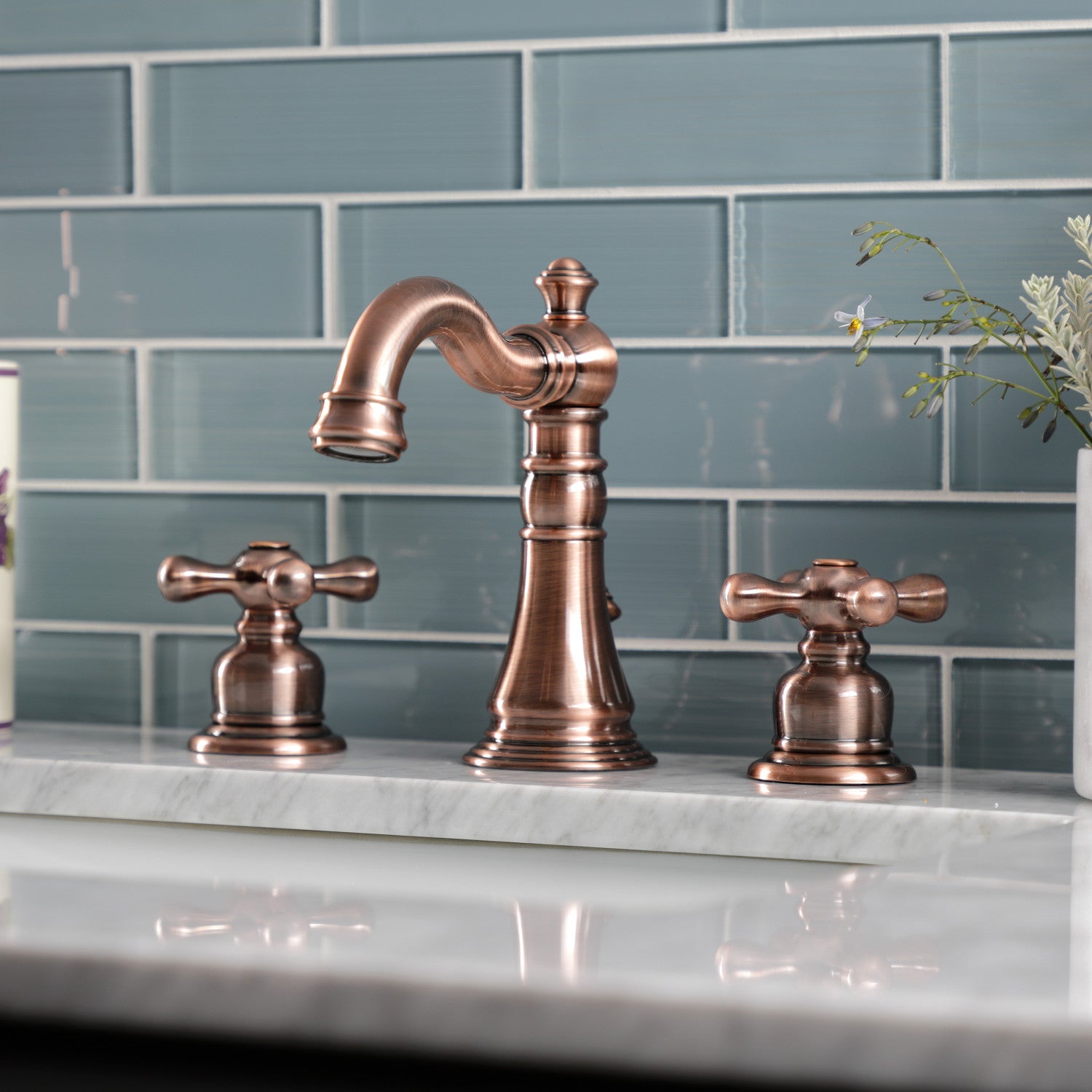 Kingston Heirloom FSC197AXAC - American Classic Two-Handle 3-Hole Deck Mount Widespread Bathroom Faucet with Brass Pop-Up, Antique Copper — thumbnail 3