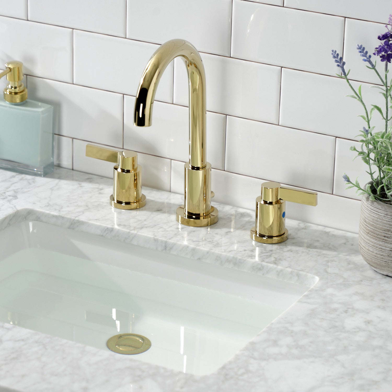 Kingston Sona FSC8922NDL - NuvoFusion Two-Handle 3-Hole Deck Mount Widespread Bathroom Faucet with Brass Pop-Up, Polished Brass — thumbnail 2