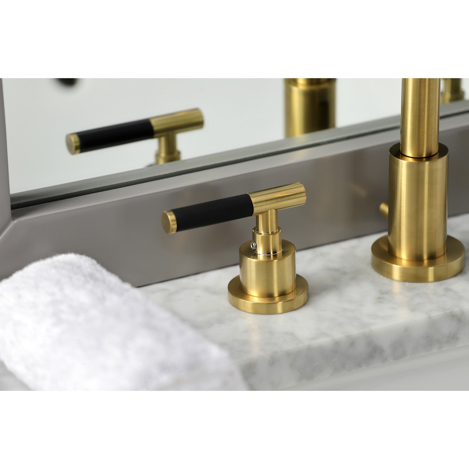 Kingston Sona FSC8923CKL - Kaiser Two-Handle 3-Hole Deck Mount Widespread Bathroom Faucet with Brass Pop-Up, Brushed Brass — thumbnail 2