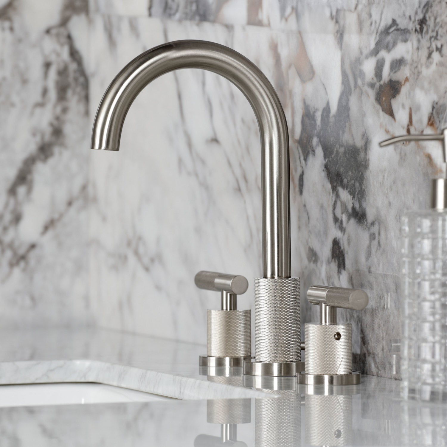 Kingston Sona FSC8928KNL - Convergent Two-Handle 3-Hole Deck Mount Widespread Bathroom Faucet with Knurled Handle and Brass Pop-Up, Brushed Nickel — thumbnail 2