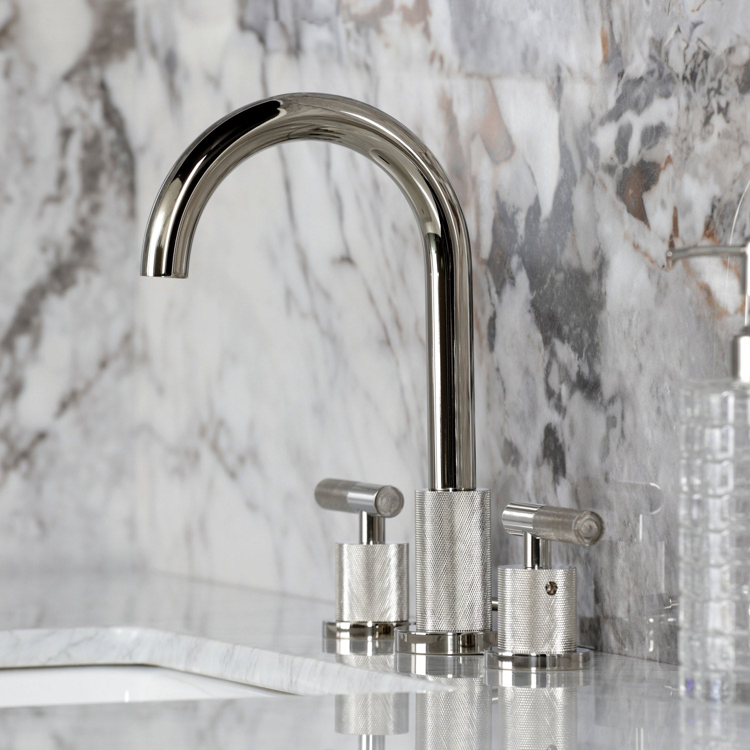 Kingston Sona FSC8929KNL - Convergent Two-Handle 3-Hole Deck Mount Widespread Bathroom Faucet with Knurled Handle and Brass Pop-Up, Polished Nickel — thumbnail 2