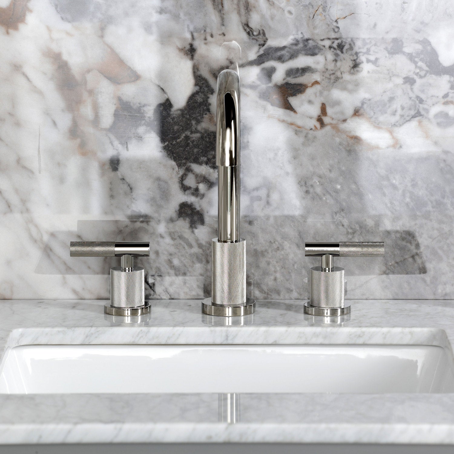 Kingston Sona FSC8929KNL - Convergent Two-Handle 3-Hole Deck Mount Widespread Bathroom Faucet with Knurled Handle and Brass Pop-Up, Polished Nickel — thumbnail 3