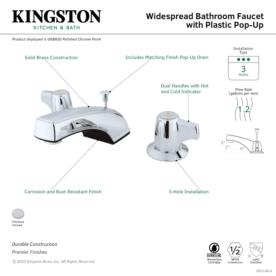 Kingston Tulare GKB920 - Americana Two-Handle 3-Hole Deck Mount Widespread Bathroom Faucet with ABS Pop-Up Drain, Polished Chrome — thumbnail 2