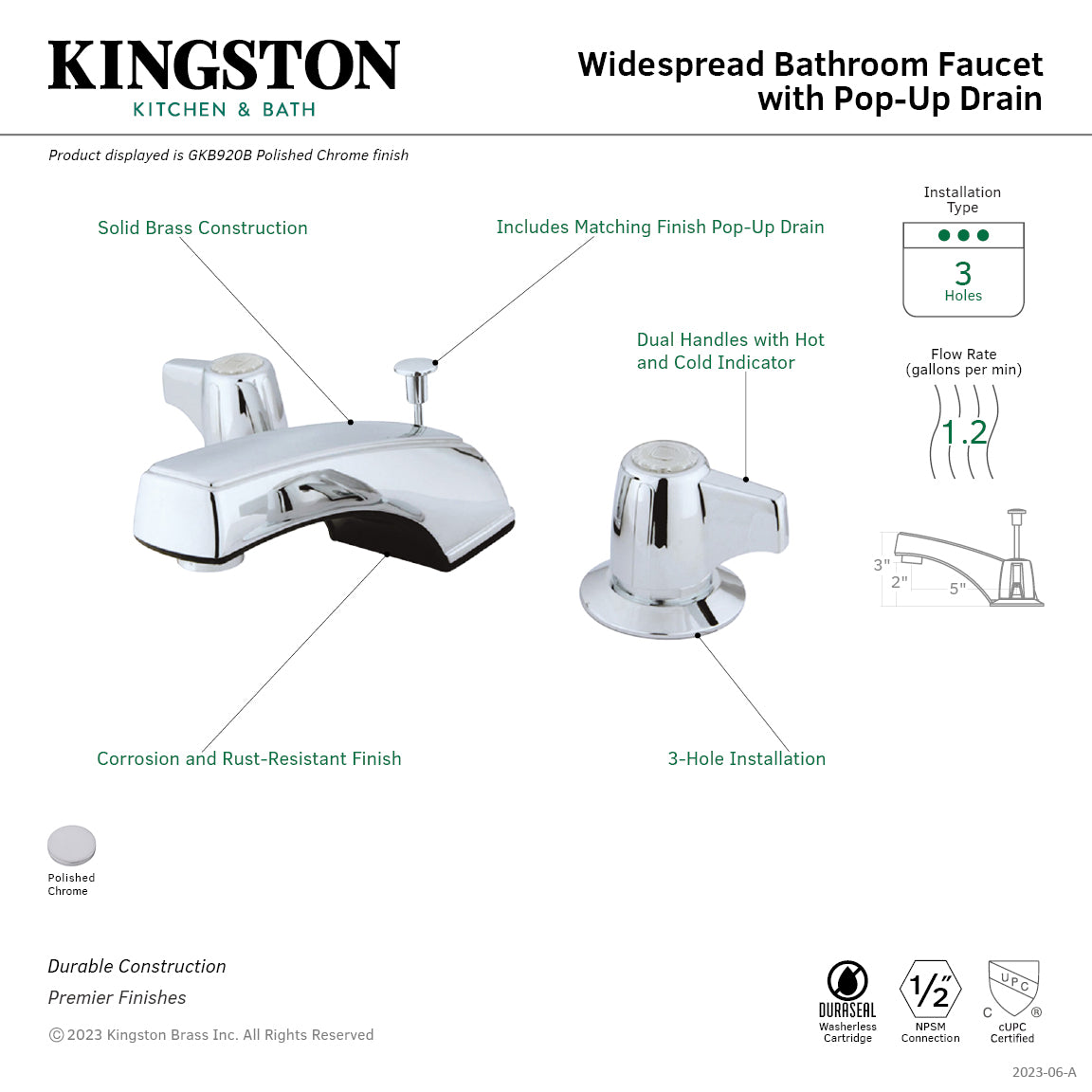 Kingston Tulare GKB920B - Americana Two-Handle 3-Hole Deck Mount Widespread Bathroom Faucet with Pop-Up Drain, Polished Chrome — thumbnail 2