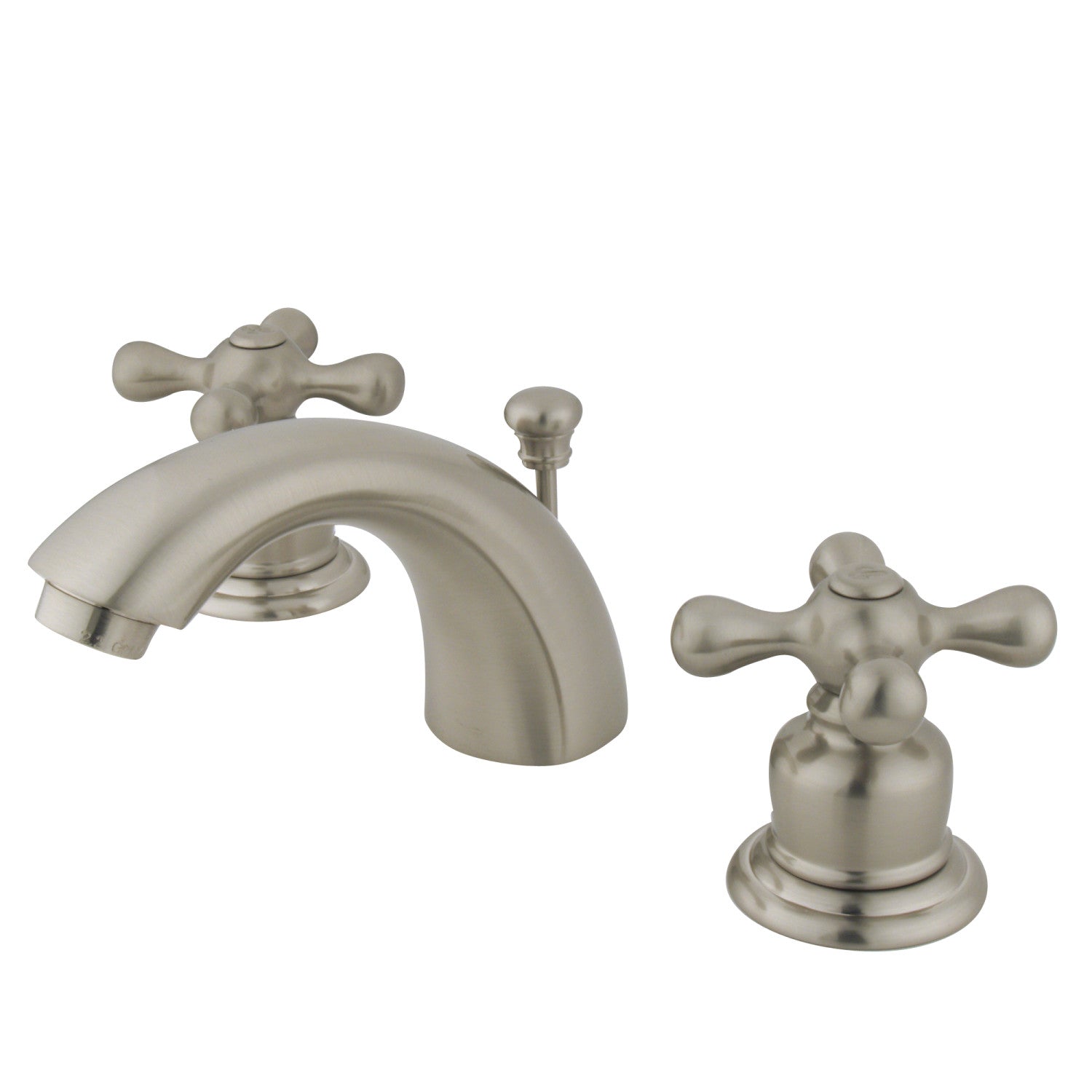 Kingston Heirloom GKB948AX - Magellan Two-Handle 3-Hole Deck Mount Mini-Widespread Bathroom Faucet with Pop-Up Drain, Brushed Nickel