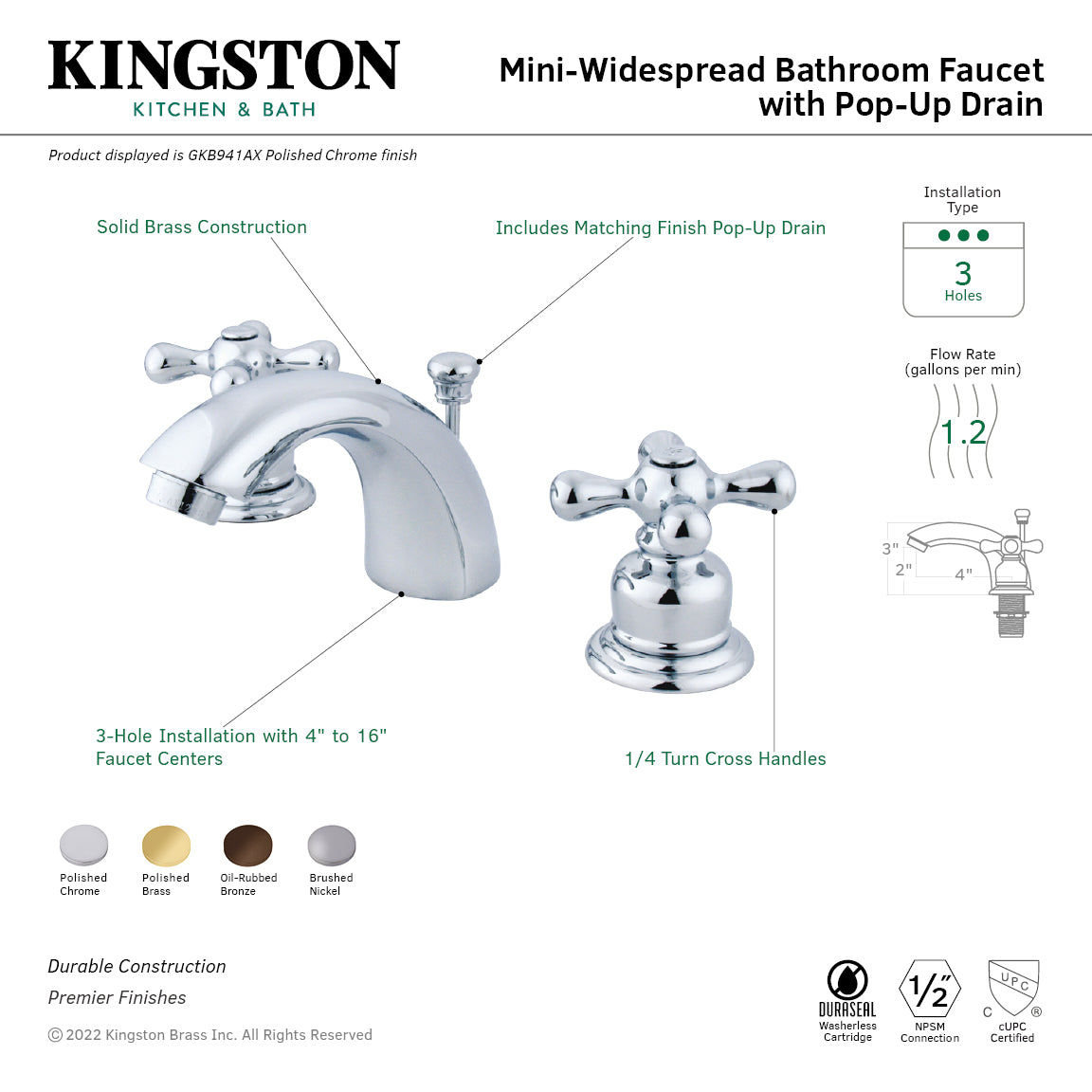 Kingston Heirloom GKB948AX - Magellan Two-Handle 3-Hole Deck Mount Mini-Widespread Bathroom Faucet with Pop-Up Drain, Brushed Nickel — thumbnail 2