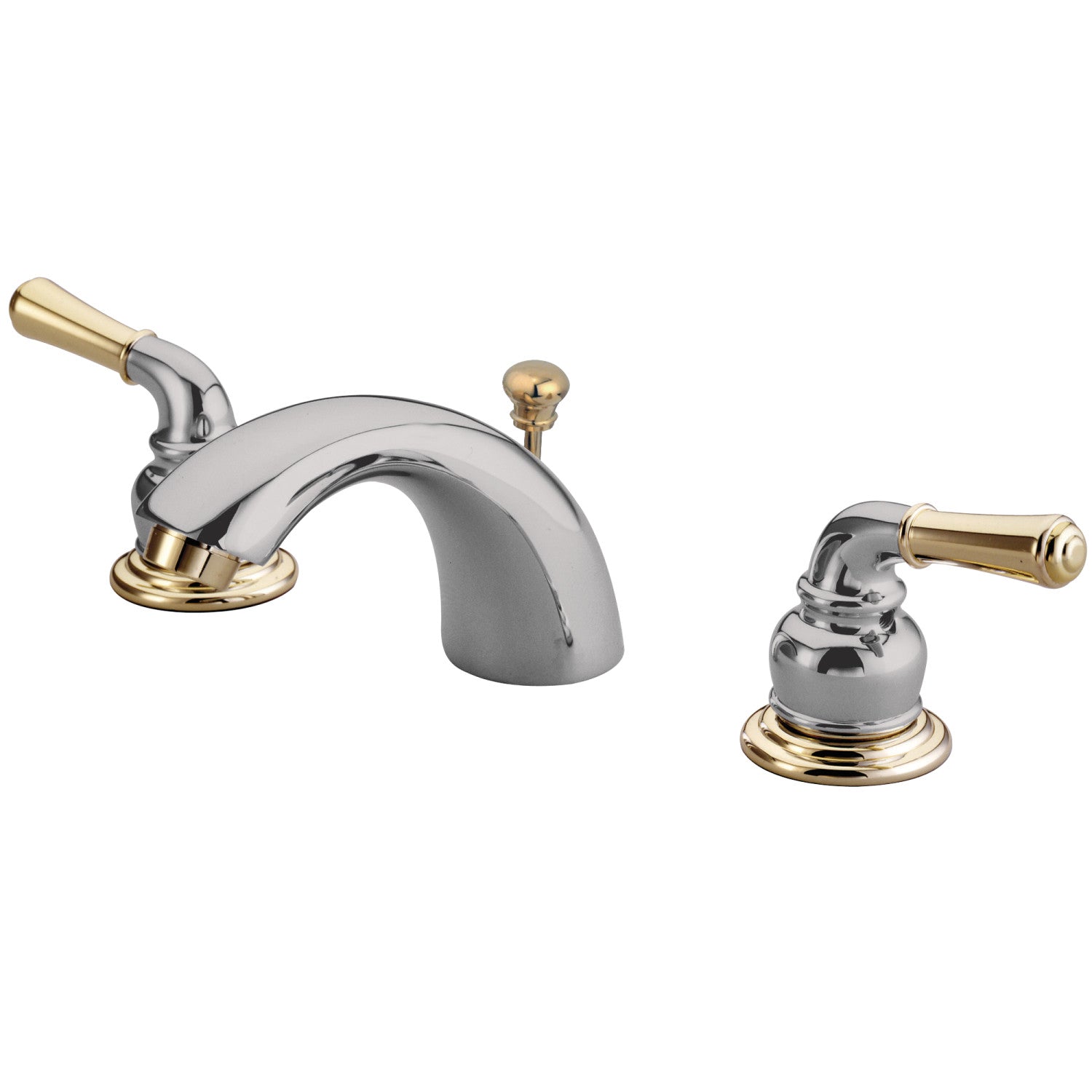 Kingston Tulare GKB954 - Magellan Two-Handle 3-Hole Deck Mount Mini-Widespread Bathroom Faucet with Pop-Up Drain, Polished Chrome/Polished Brass