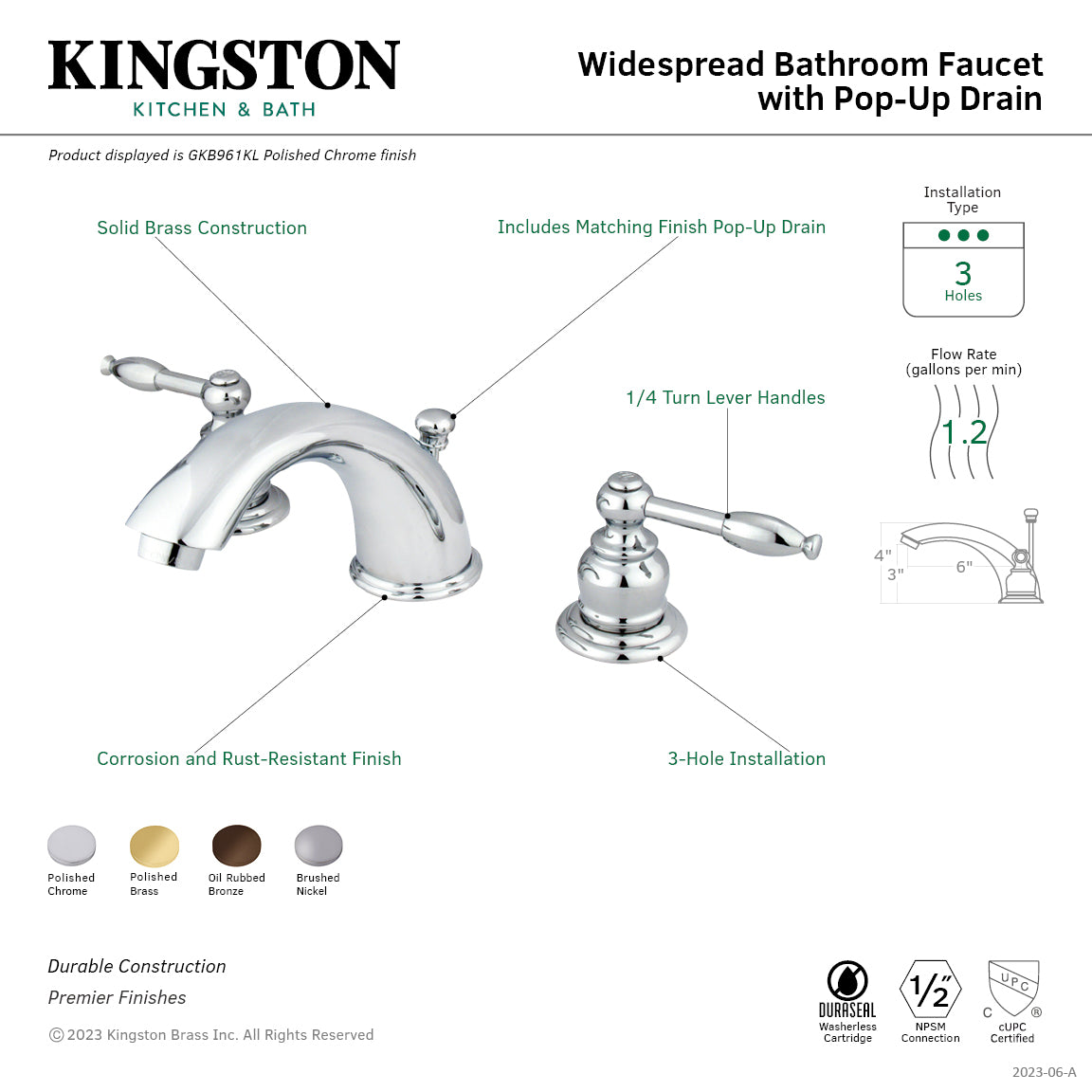 Kingston Heirloom GKB962KL - Knight Two-Handle 3-Hole Deck Mount Widespread Bathroom Faucet with Pop-Up Drain, Polished Brass — thumbnail 2