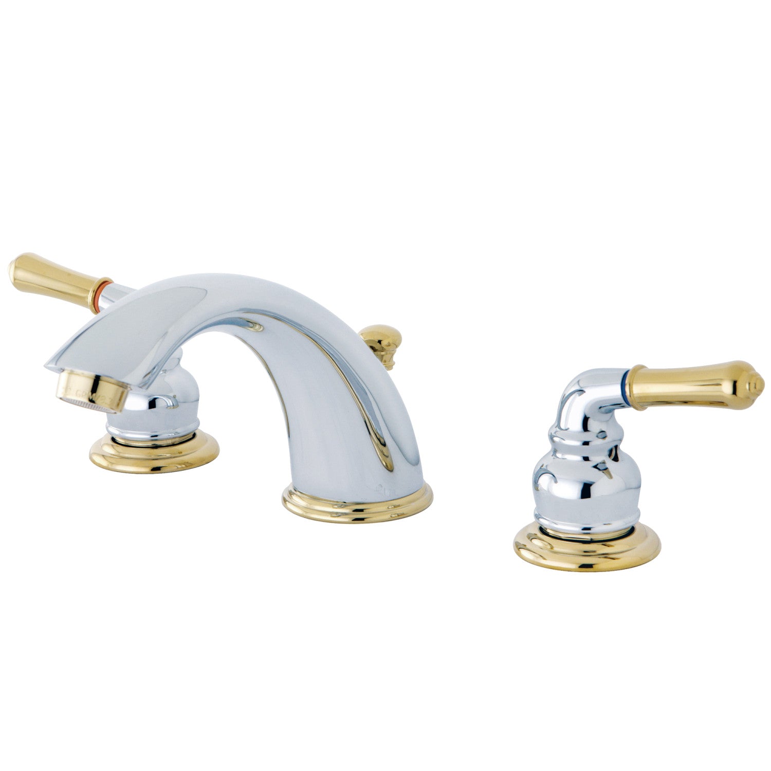 Kingston Tulare GKB964 - Magellan Two-Handle 3-Hole Deck Mount Widespread Bathroom Faucet with Pop-Up Drain, Polished Chrome/Polished Brass