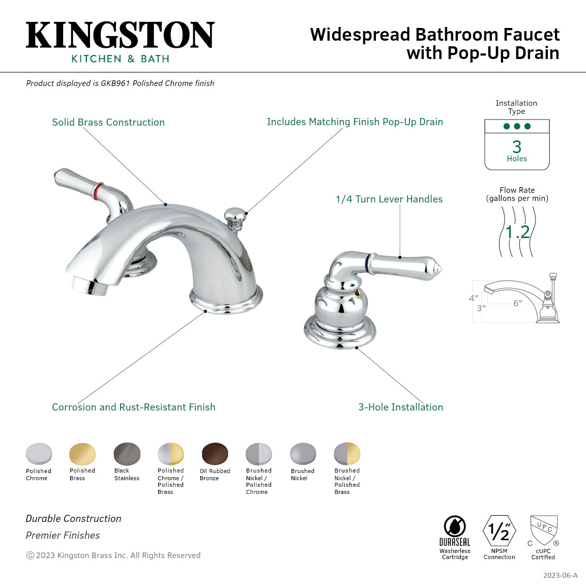 Kingston Tulare GKB964 - Magellan Two-Handle 3-Hole Deck Mount Widespread Bathroom Faucet with Pop-Up Drain, Polished Chrome/Polished Brass — thumbnail 2