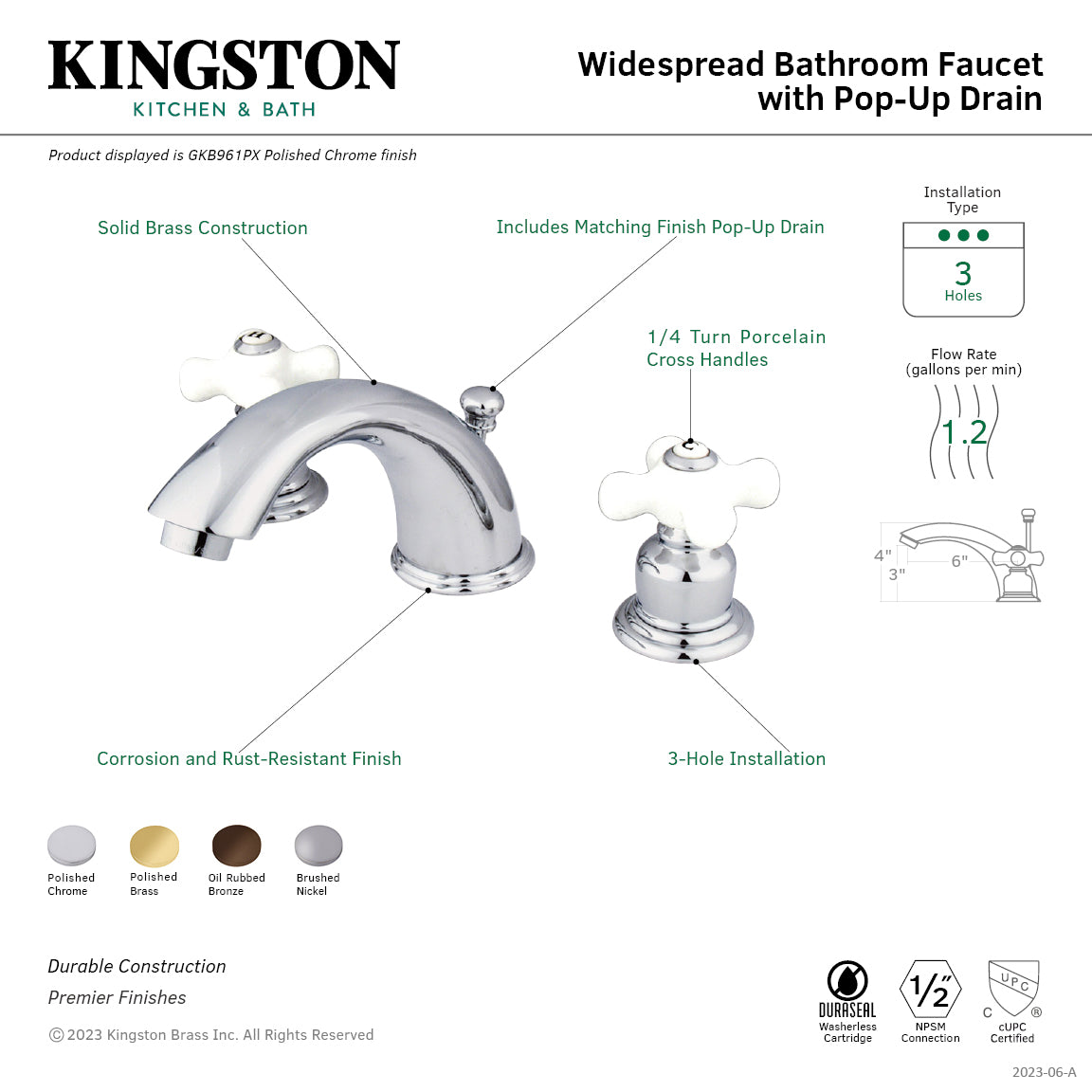Kingston Heirloom GKB968PX - English Country Two-Handle 3-Hole Deck Mount Widespread Bathroom Faucet with Pop-Up Drain, Brushed Nickel — thumbnail 2