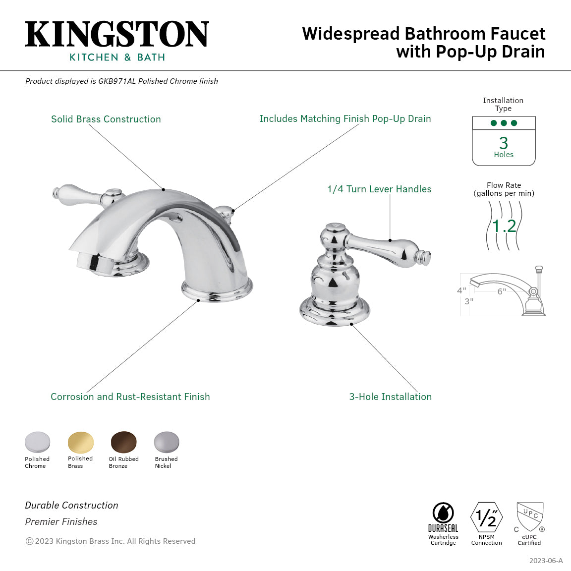 Kingston Heirloom GKB972AL - Victorian Two-Handle 3-Hole Deck Mount Widespread Bathroom Faucet with Pop-Up Drain, Polished Brass — thumbnail 2