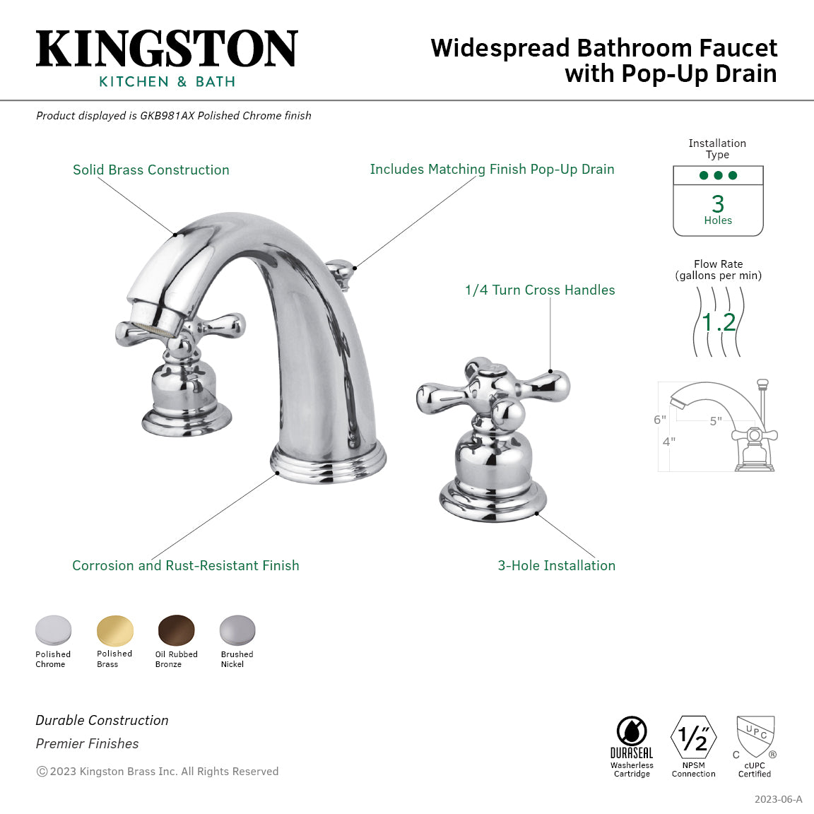 Kingston Heirloom GKB981AX - Victorian Two-Handle 3-Hole Deck Mount Widespread Bathroom Faucet with Pop-Up Drain, Polished Chrome — thumbnail 2