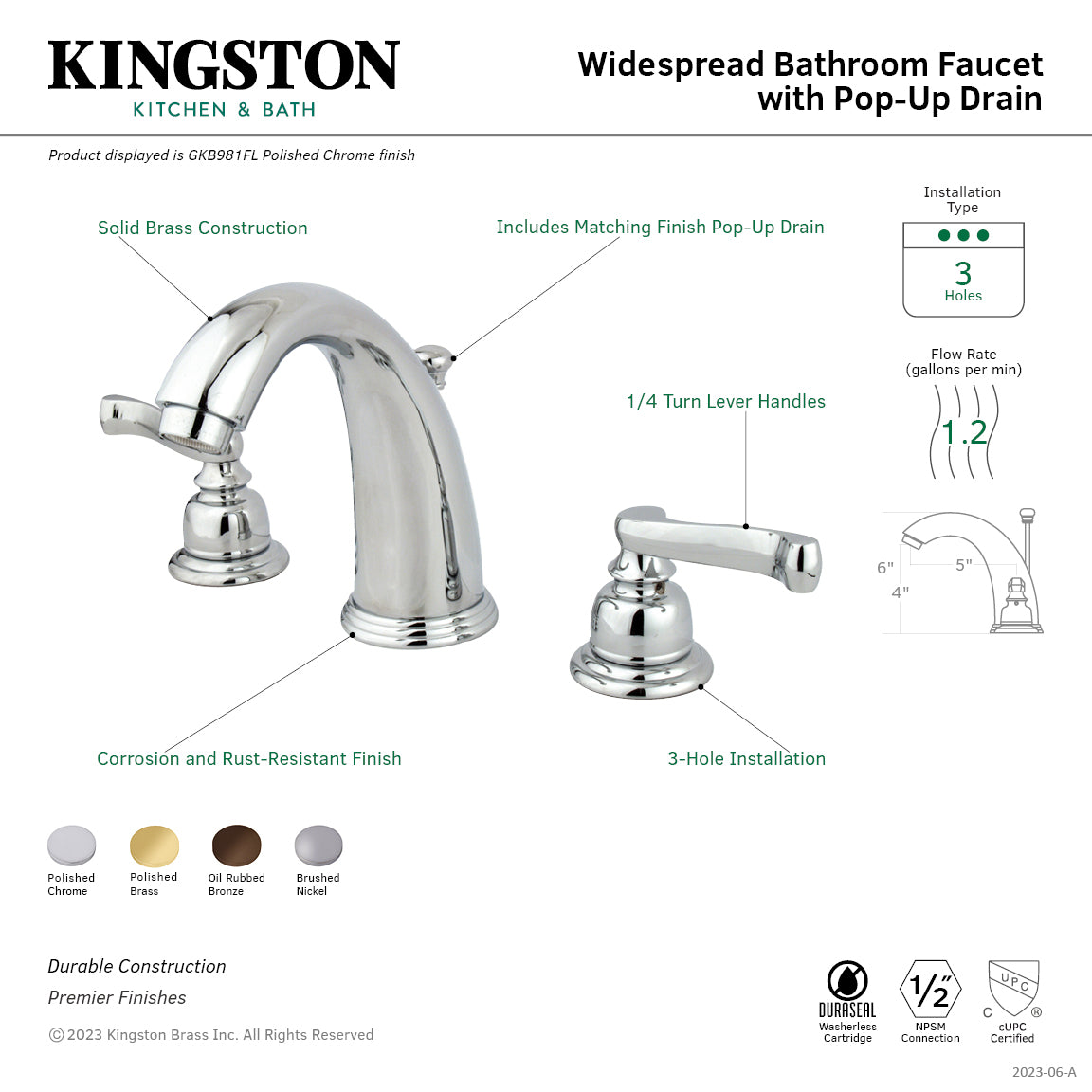 Kingston Tulare GKB981FL - Royale Two-Handle 3-Hole Deck Mount Widespread Bathroom Faucet with Pop-Up Drain, Polished Chrome — thumbnail 2