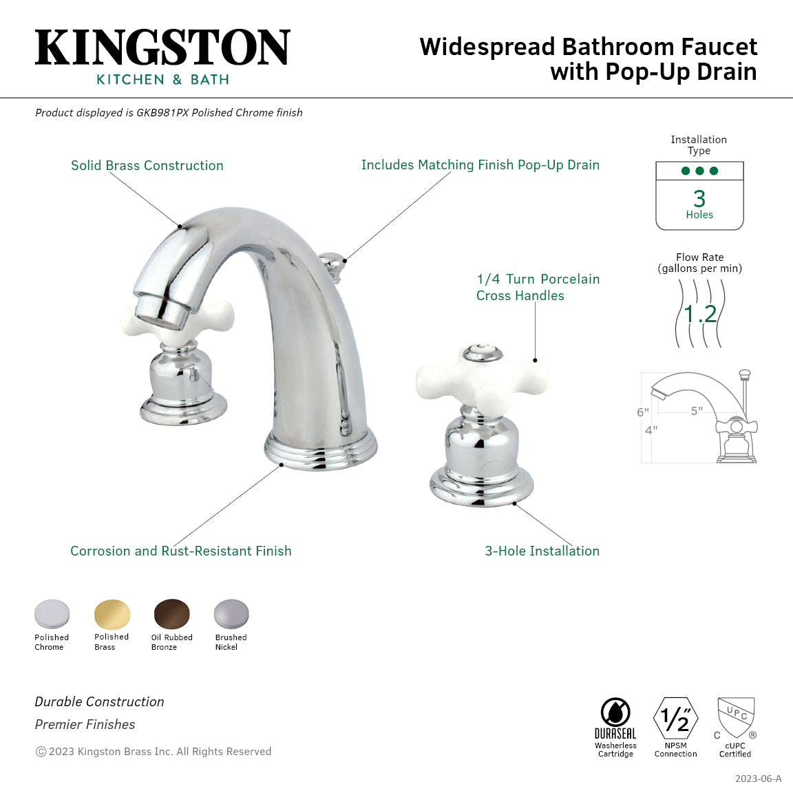 Kingston Heirloom GKB982PX - English Country Two-Handle 3-Hole Deck Mount Widespread Bathroom Faucet with Pop-Up Drain, Polished Brass — thumbnail 2