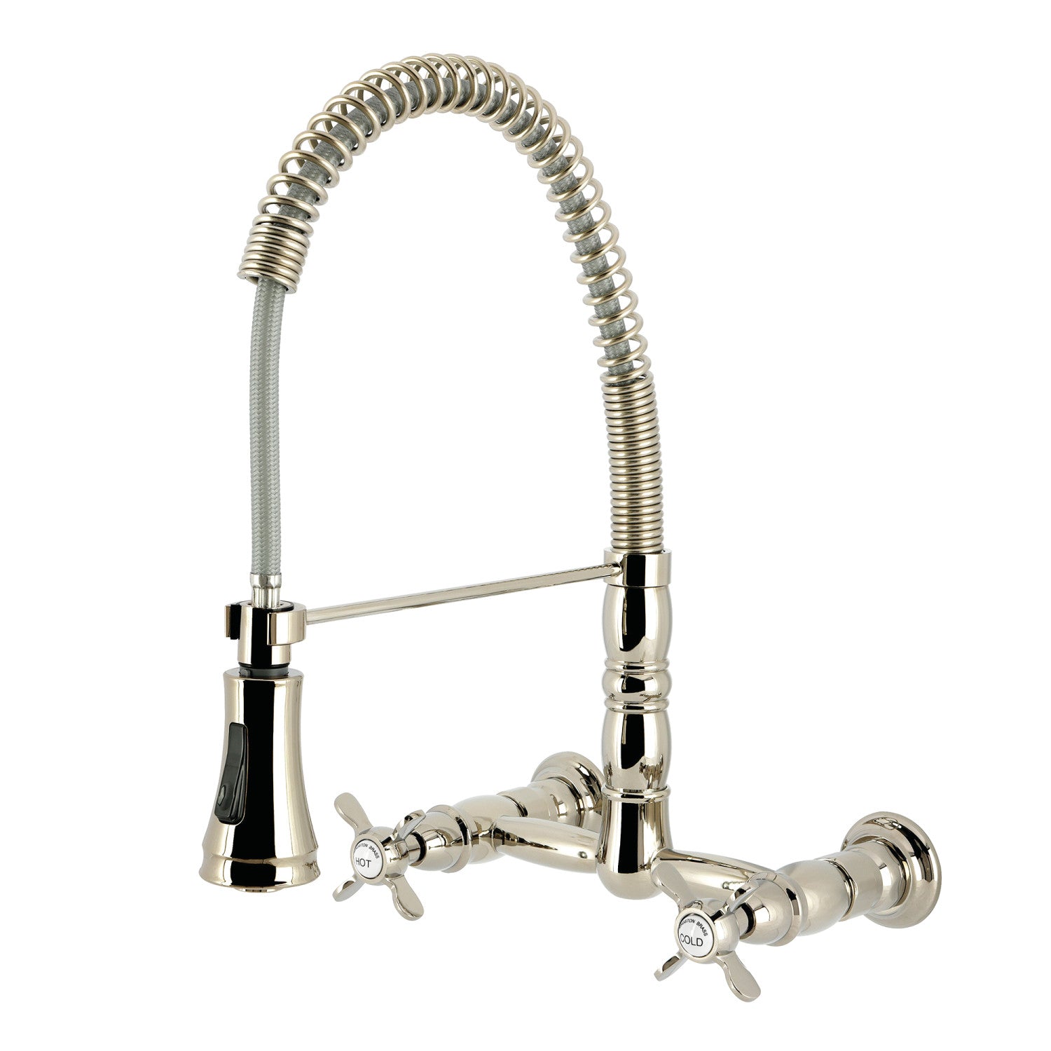 Kingston Tulare GS1246BEX - Essex Double-Handle 2-Hole Wall-Mount Pre-Rinse Bridge Kitchen Faucet, Polished Nickel