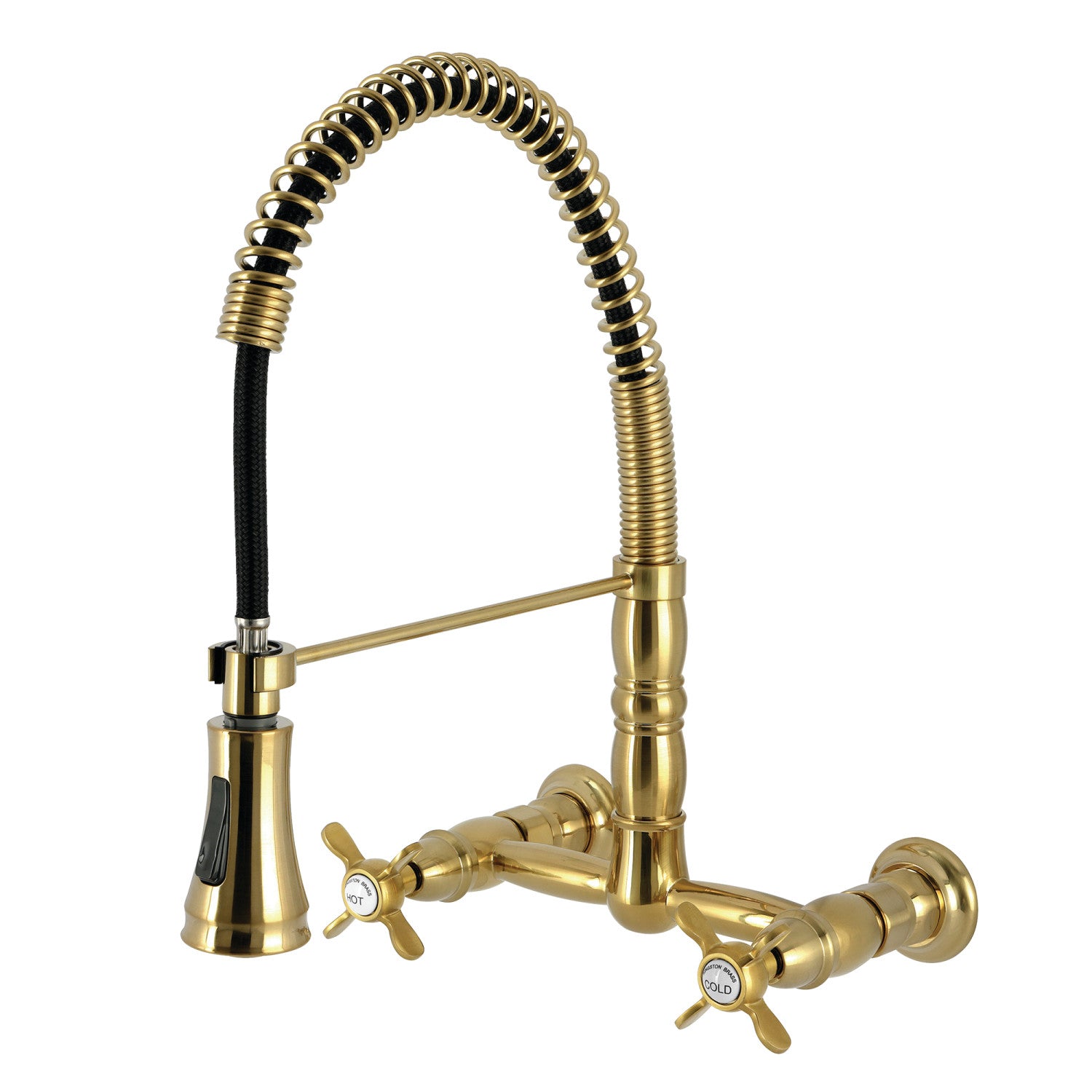 Kingston Tulare GS1247BEX - Essex Double-Handle 2-Hole Wall-Mount Pre-Rinse Bridge Kitchen Faucet, Brushed Brass