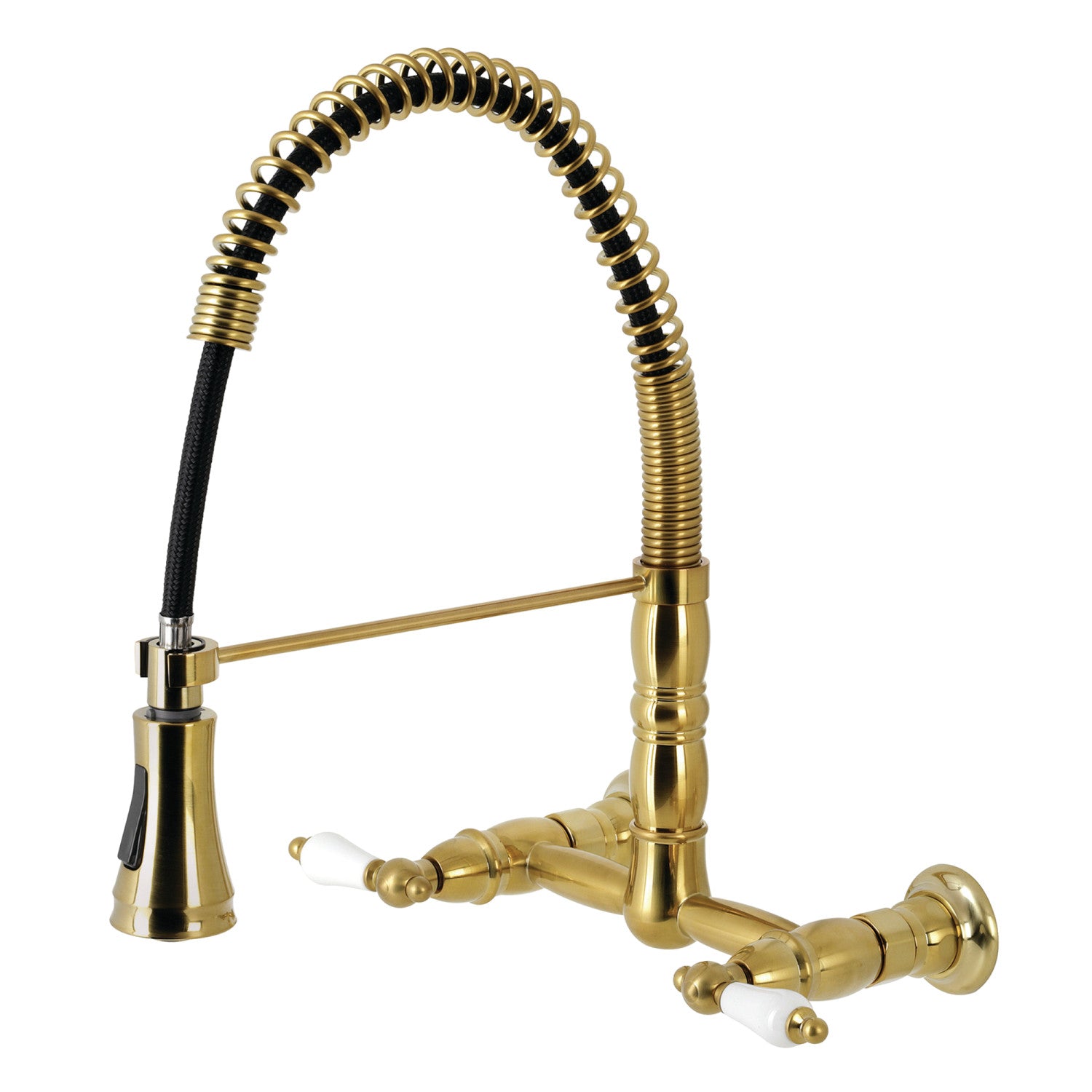 Kingston Tulare GS1247PL - Heritage Double-Handle 2-Hole Wall-Mount Pre-Rinse Bridge Kitchen Faucet, Brushed Brass