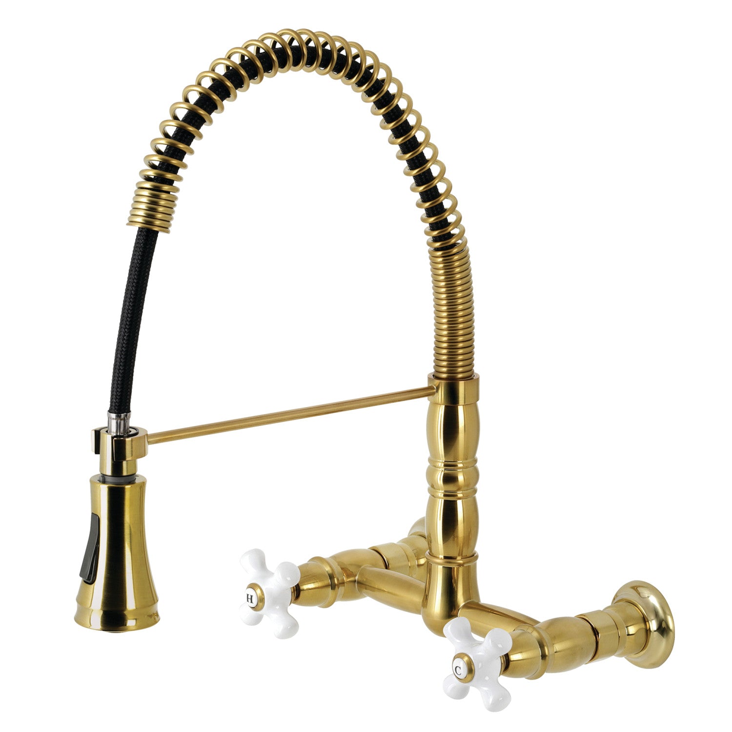 Kingston Tulare GS1247PX - Heritage Double-Handle 2-Hole Wall-Mount Pre-Rinse Bridge Kitchen Faucet, Brushed Brass