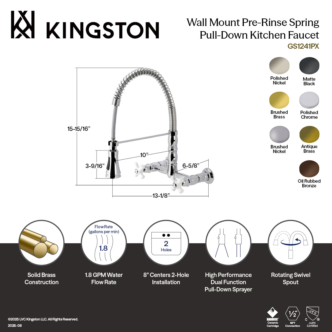 Kingston Tulare GS1247PX - Heritage Double-Handle 2-Hole Wall-Mount Pre-Rinse Bridge Kitchen Faucet, Brushed Brass — thumbnail 2