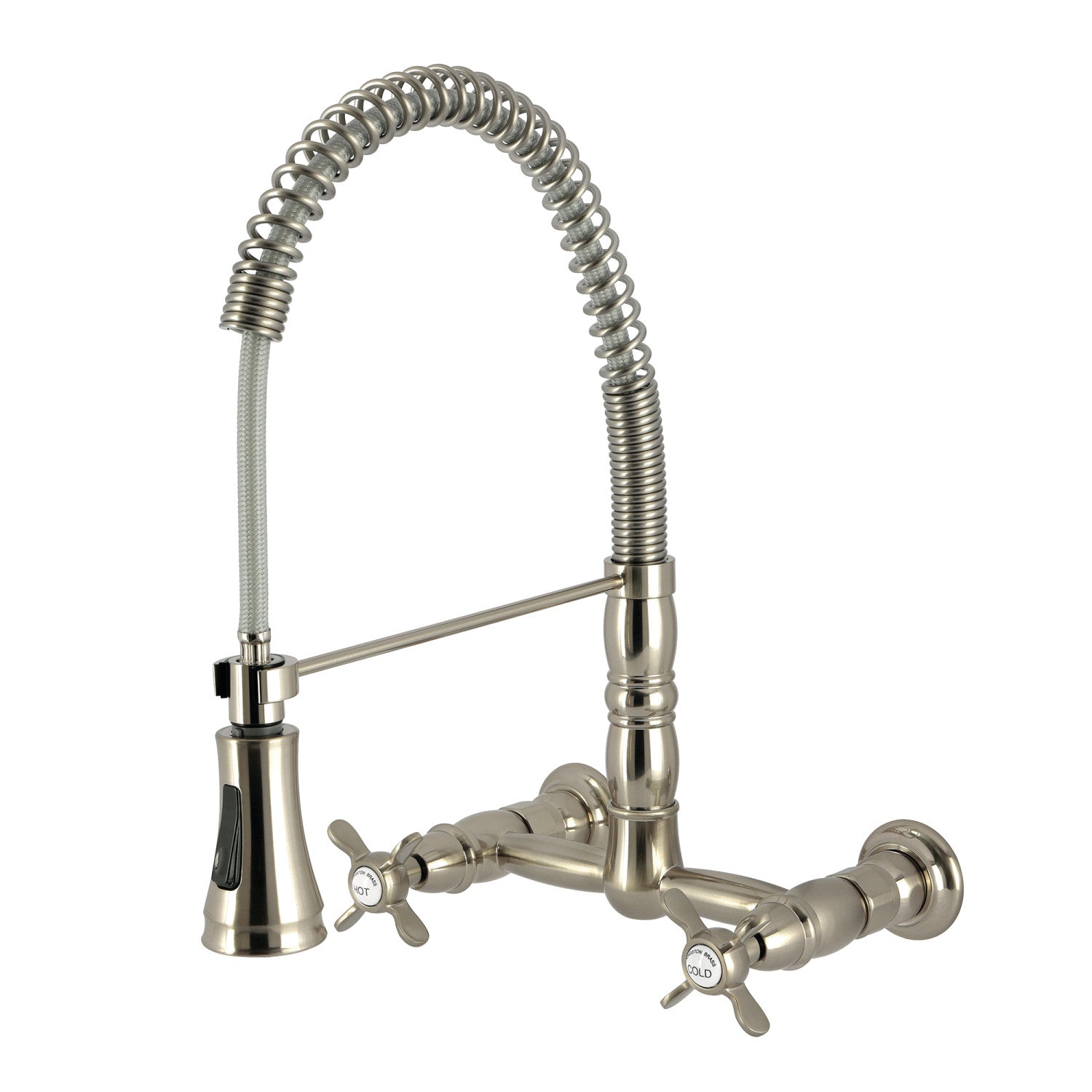 Kingston Tulare GS1248BEX - Essex Double-Handle 2-Hole Wall-Mount Pre-Rinse Bridge Kitchen Faucet, Brushed Nickel