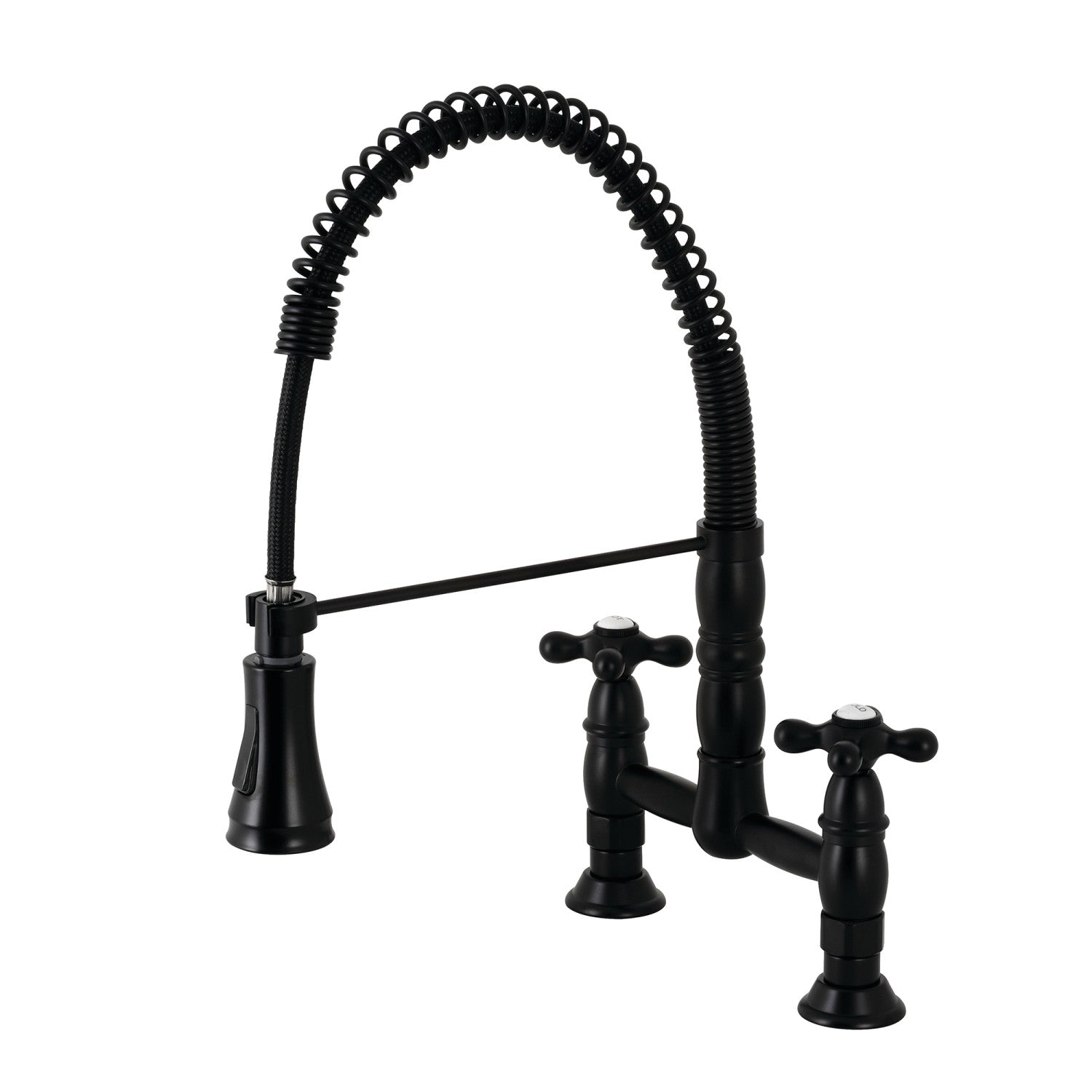 Kingston Tulare GS1270AX - Heritage Double-Handle 2-Hole Deck-Mount Pre-Rinse Bridge Kitchen Faucet, Matte Black
