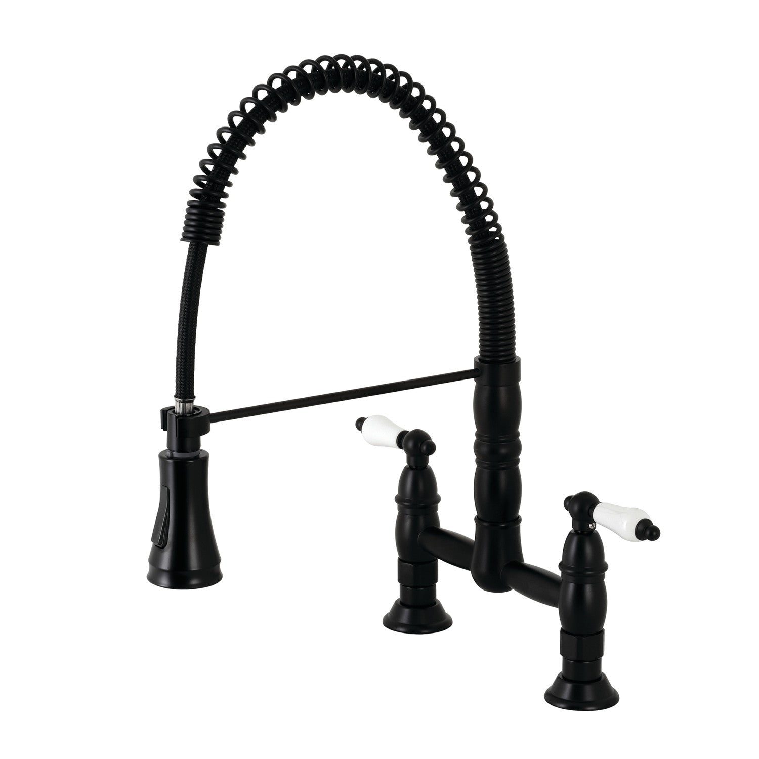 Kingston Tulare GS1270PL - Heritage Double-Handle 2-Hole Deck-Mount Pre-Rinse Bridge Kitchen Faucet, Matte Black