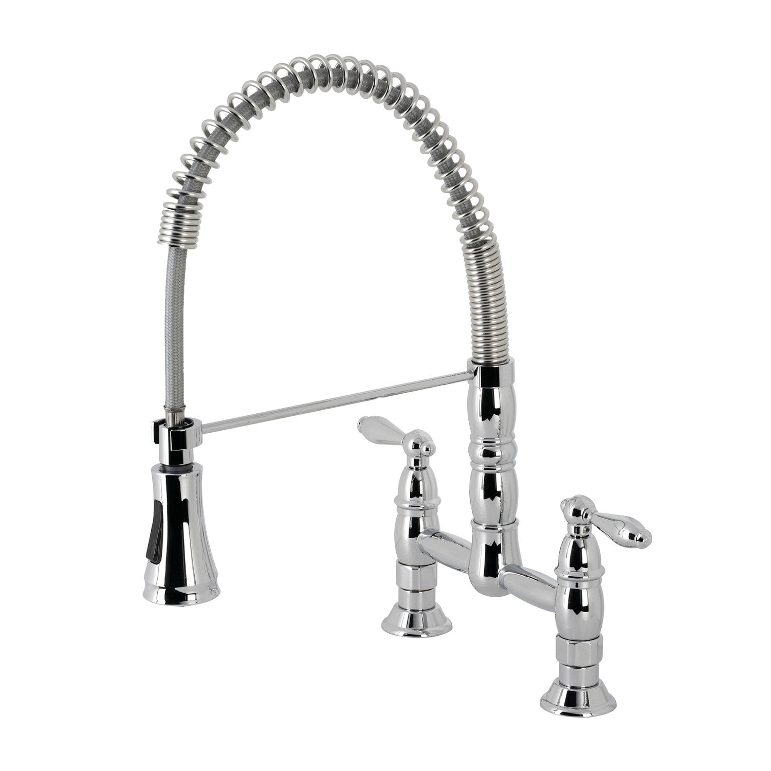Kingston Tulare GS1271AL - Heritage Double-Handle 2-Hole Deck-Mount Pre-Rinse Bridge Kitchen Faucet, Polished Chrome