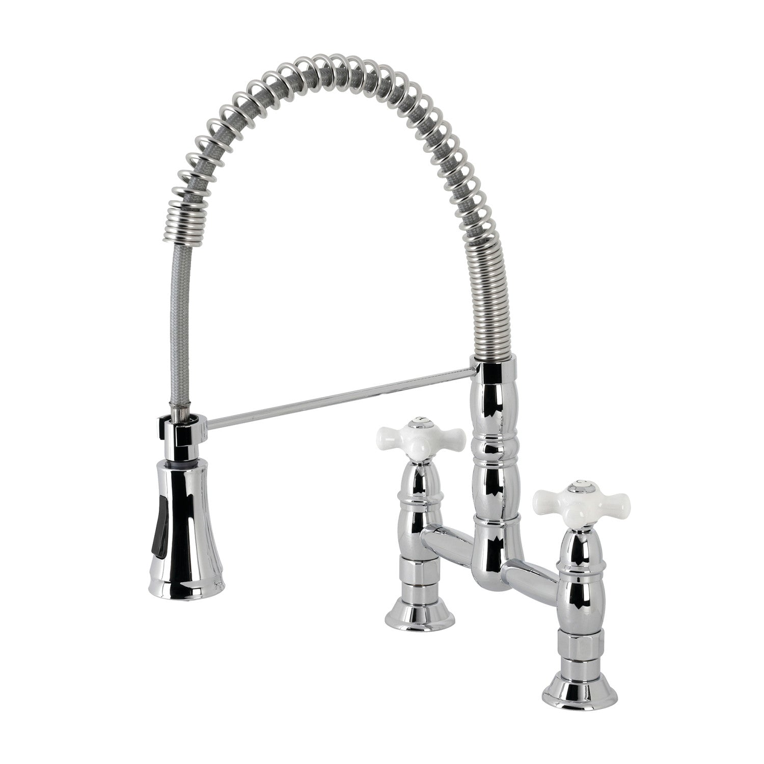 Kingston Tulare GS1271PX - Heritage Double-Handle 2-Hole Deck-Mount Pre-Rinse Bridge Kitchen Faucet, Polished Chrome