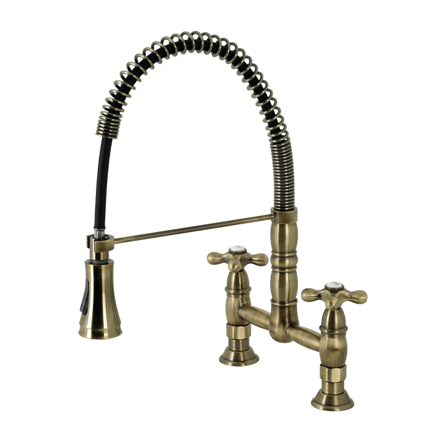 Kingston Tulare GS1273AX - Heritage Double-Handle 2-Hole Deck-Mount Pre-Rinse Bridge Kitchen Faucet, Antique Brass — image 1