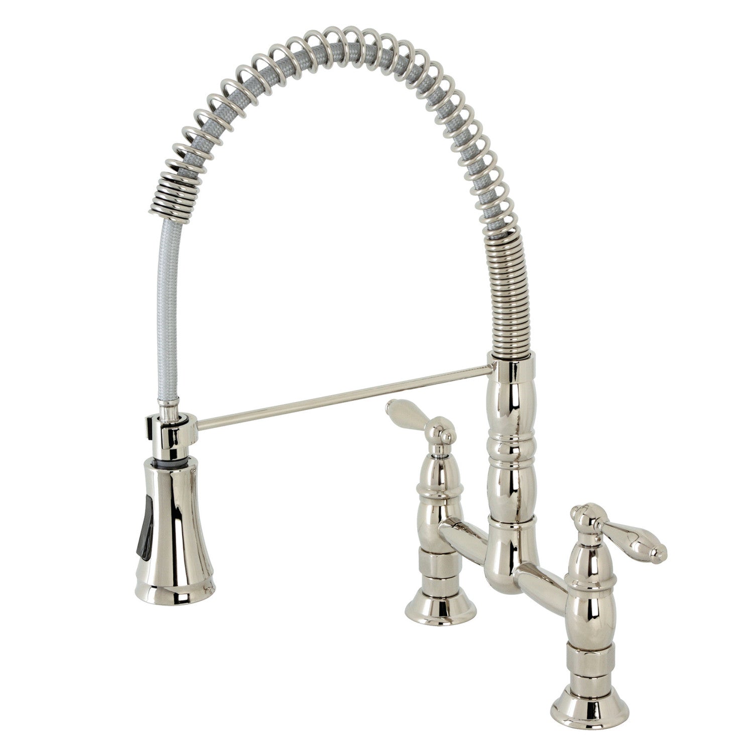 Kingston Tulare GS1276AL - Heritage Double-Handle 2-Hole Deck-Mount Pre-Rinse Bridge Kitchen Faucet, Polished Nickel