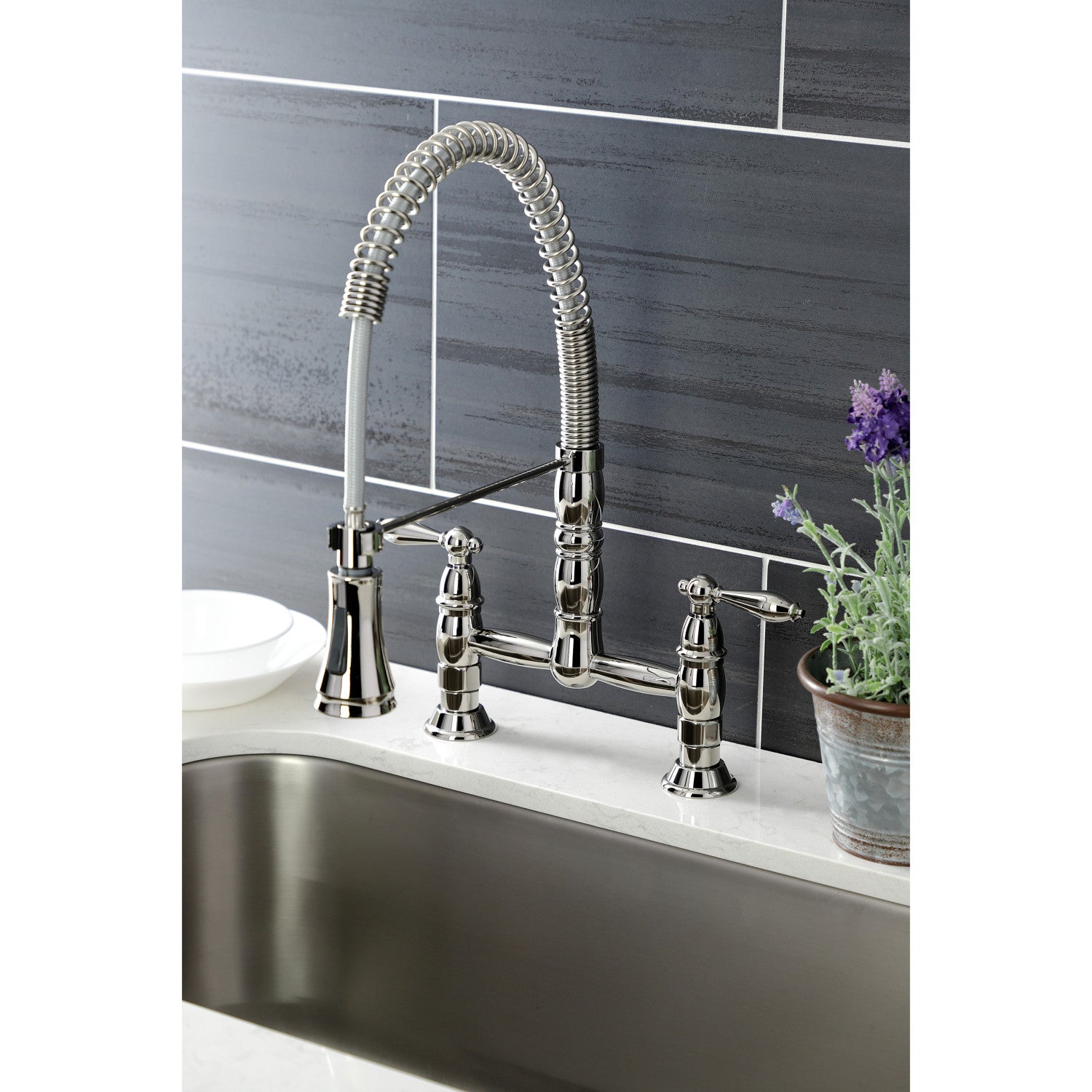 Kingston Tulare GS1276AL - Heritage Double-Handle 2-Hole Deck-Mount Pre-Rinse Bridge Kitchen Faucet, Polished Nickel — thumbnail 2